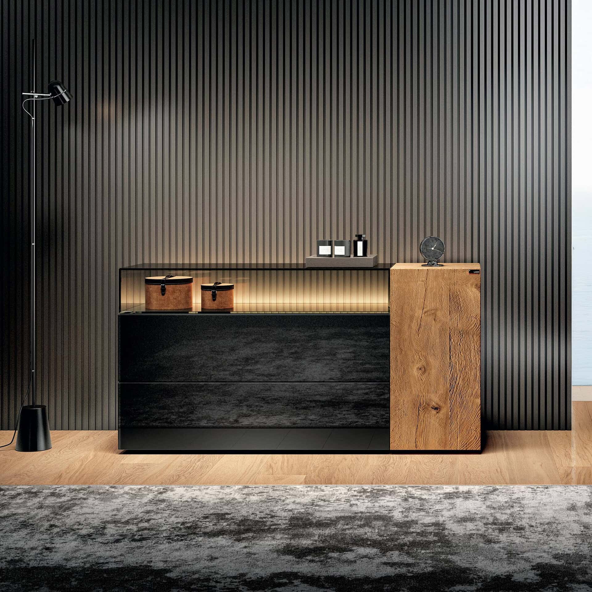 Contemporary glass dresser with wooden accents in a sleek modern bedroom setting.