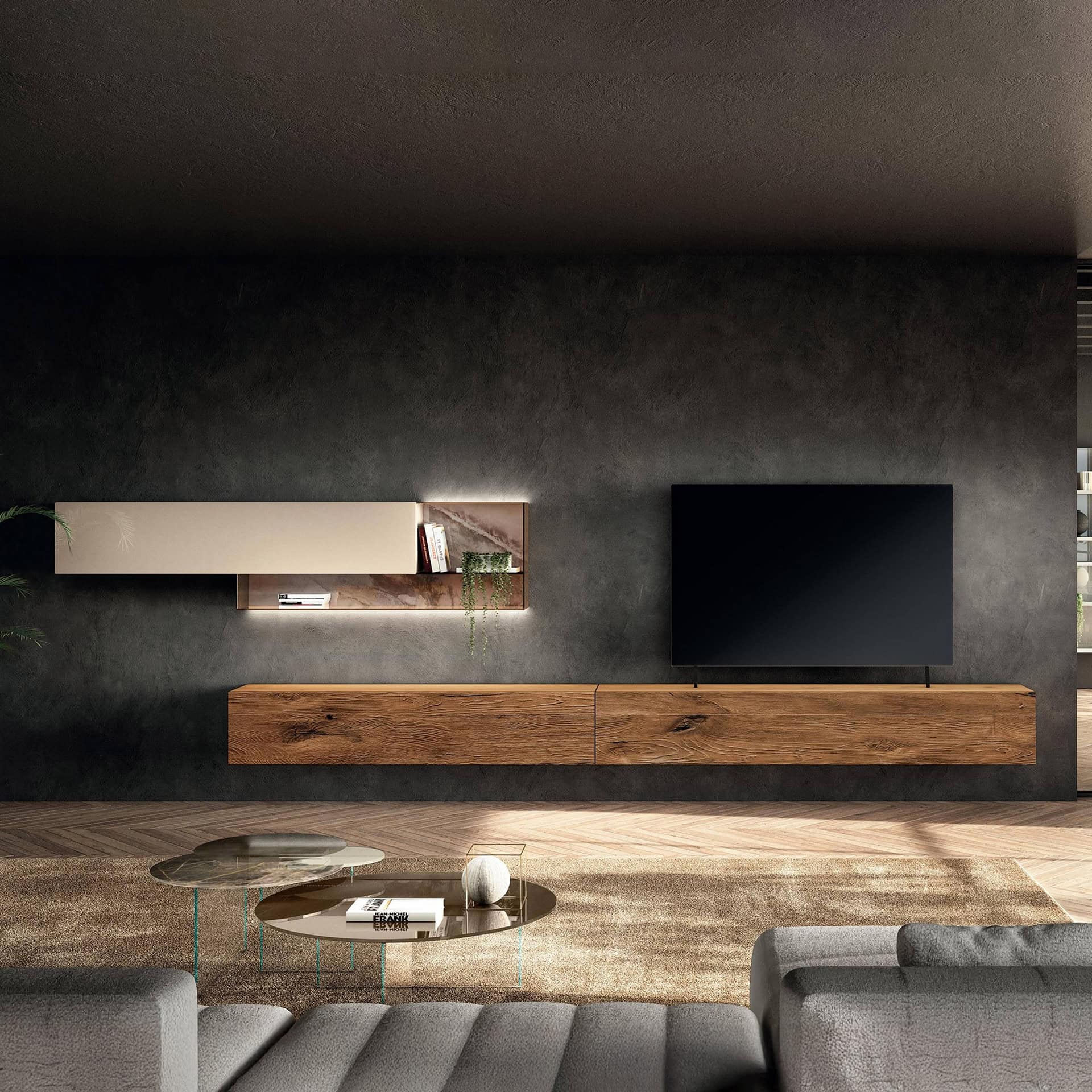 Contemporary living room featuring a sleek wall-mounted TV console with floating shelves and minimal.