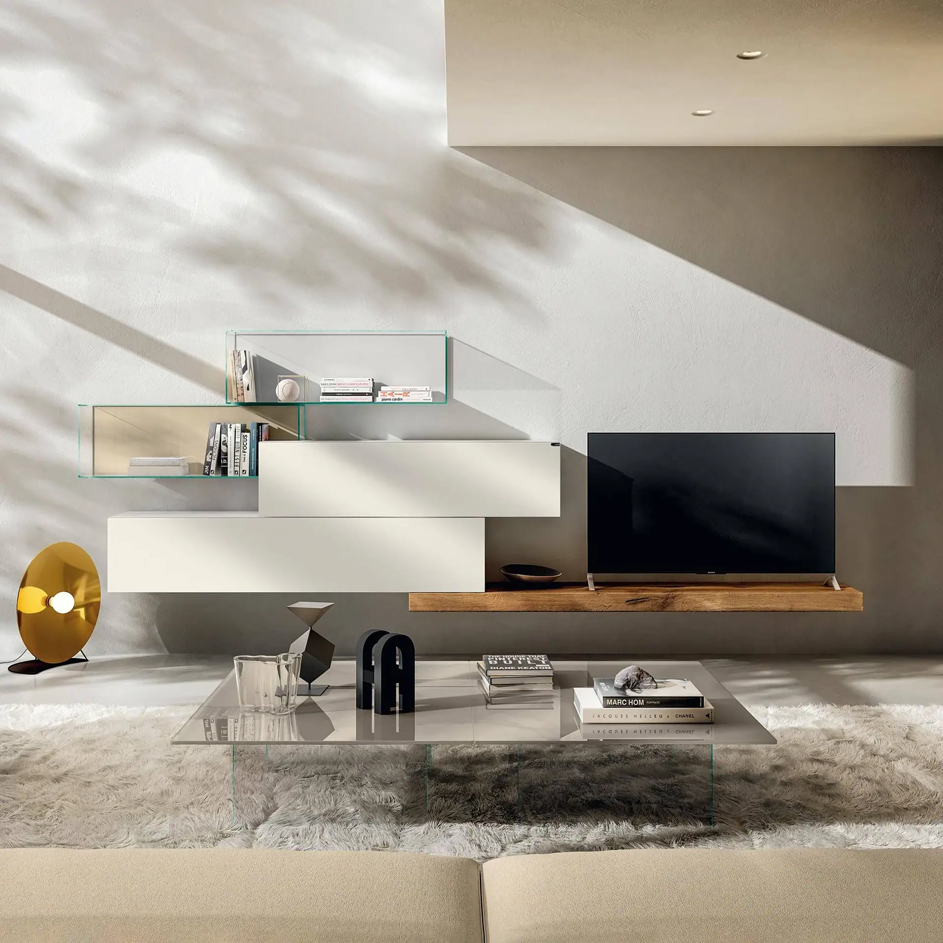 Sklar Furnishings 36e8 modular wall unit with shelves and TV in modern living room.