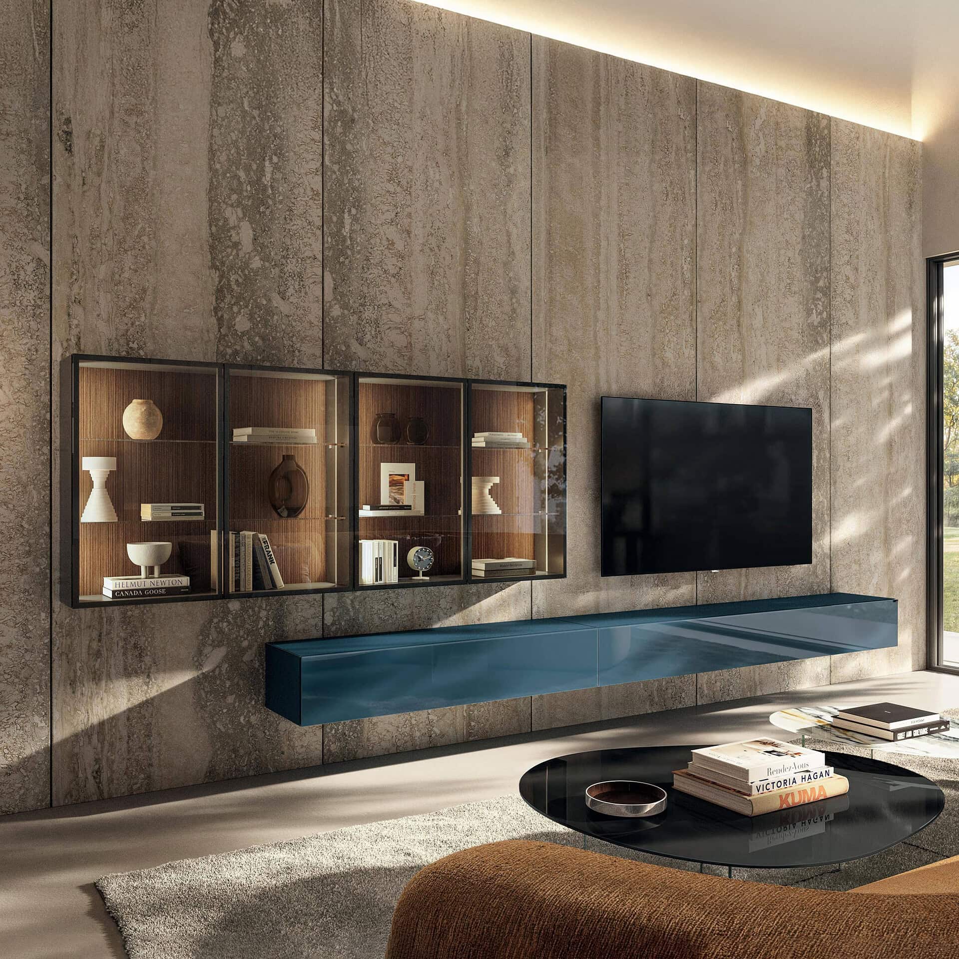 Contemporary living room with wall-mounted shelves, TV, and stylish decor.