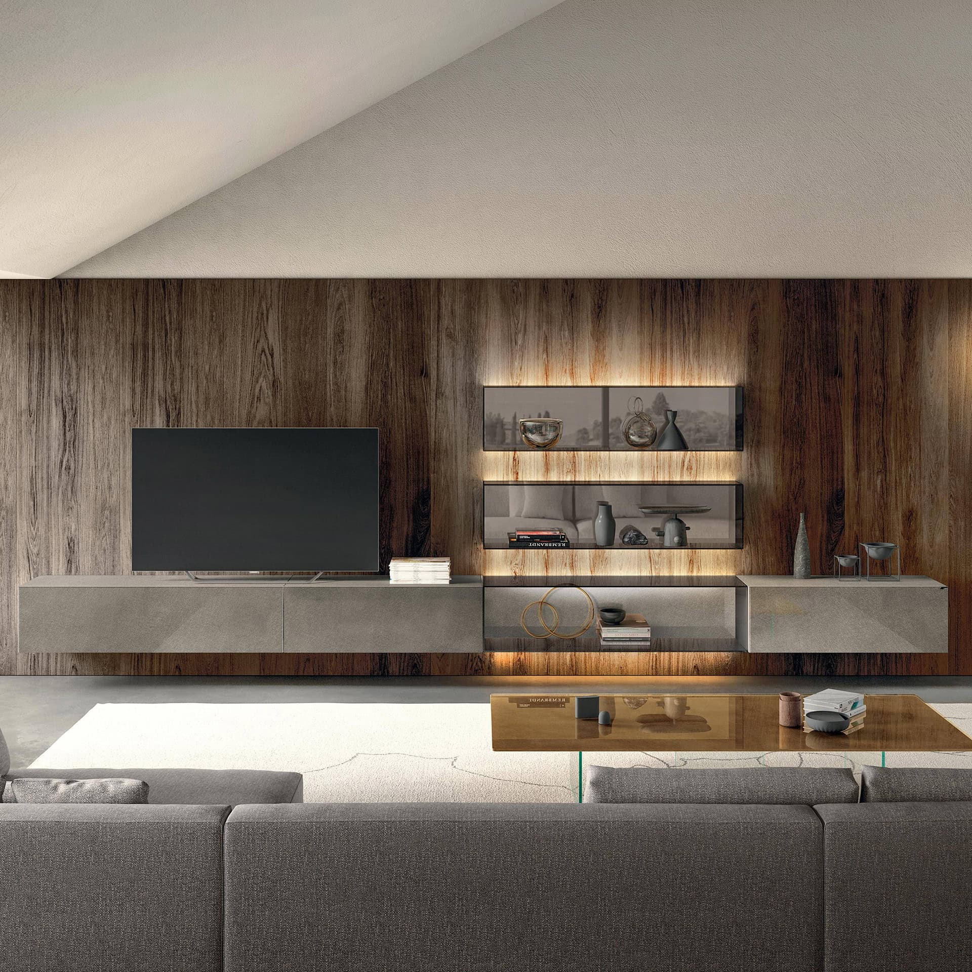Modern living room with sleek media console and wall-mounted shelves.