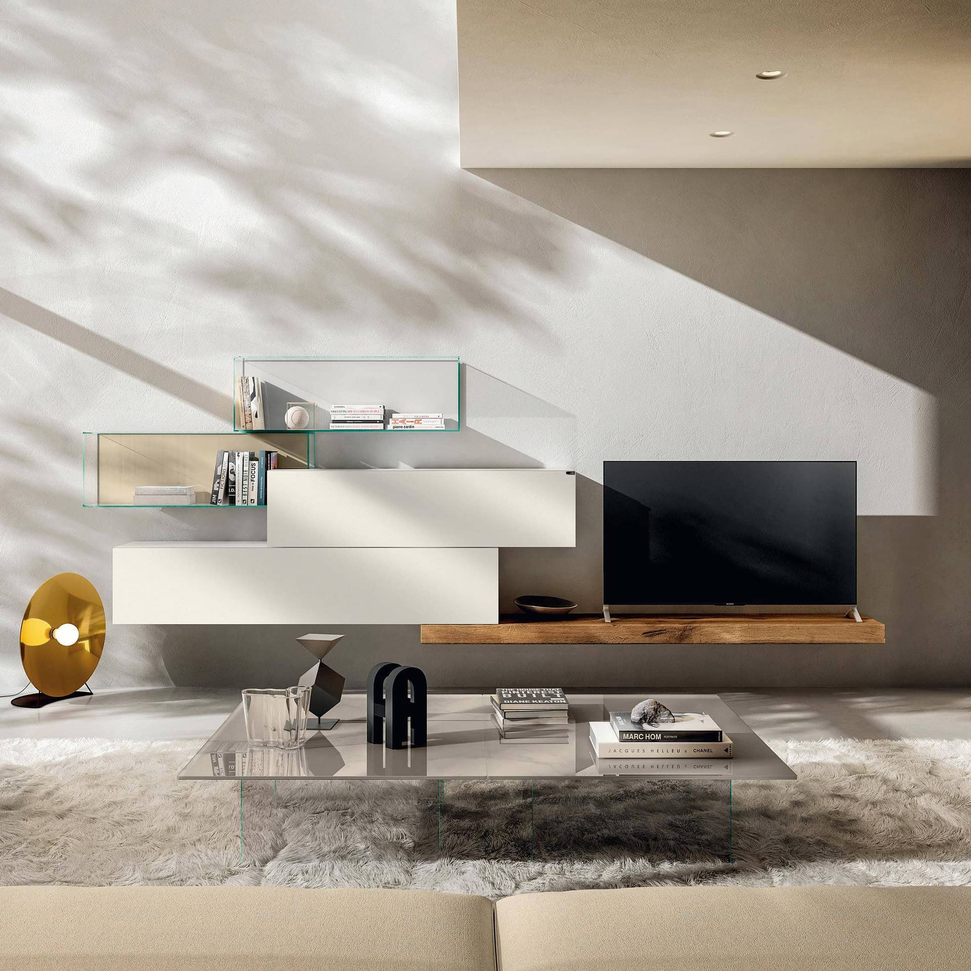 Mounted TV and sleek shelving in a contemporary living room setting.