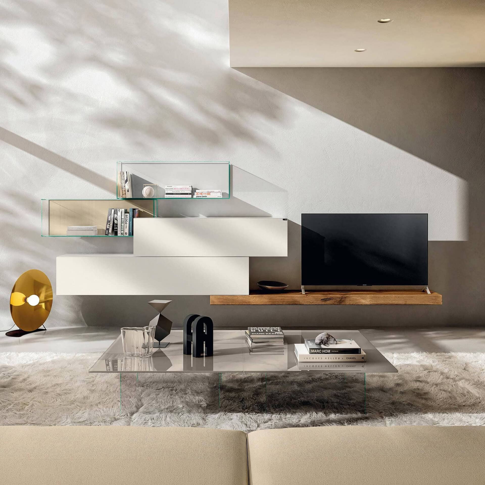 Mounted TV and sleek shelving in a contemporary living room setting.
