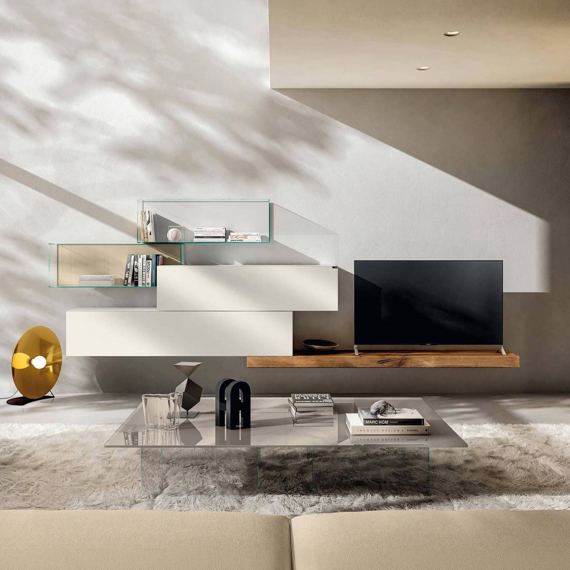 Mounted TV and sleek shelving in a contemporary living room setting.