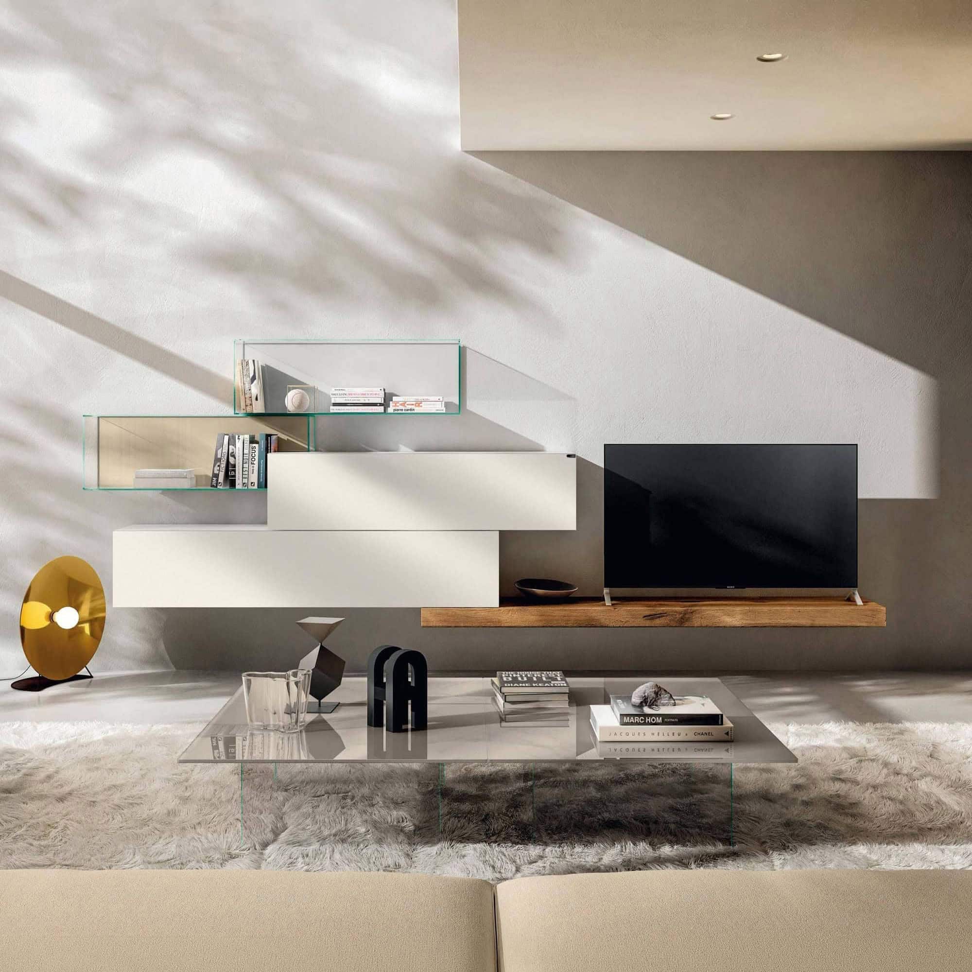 Mounted TV and sleek shelving in a contemporary living room setting.