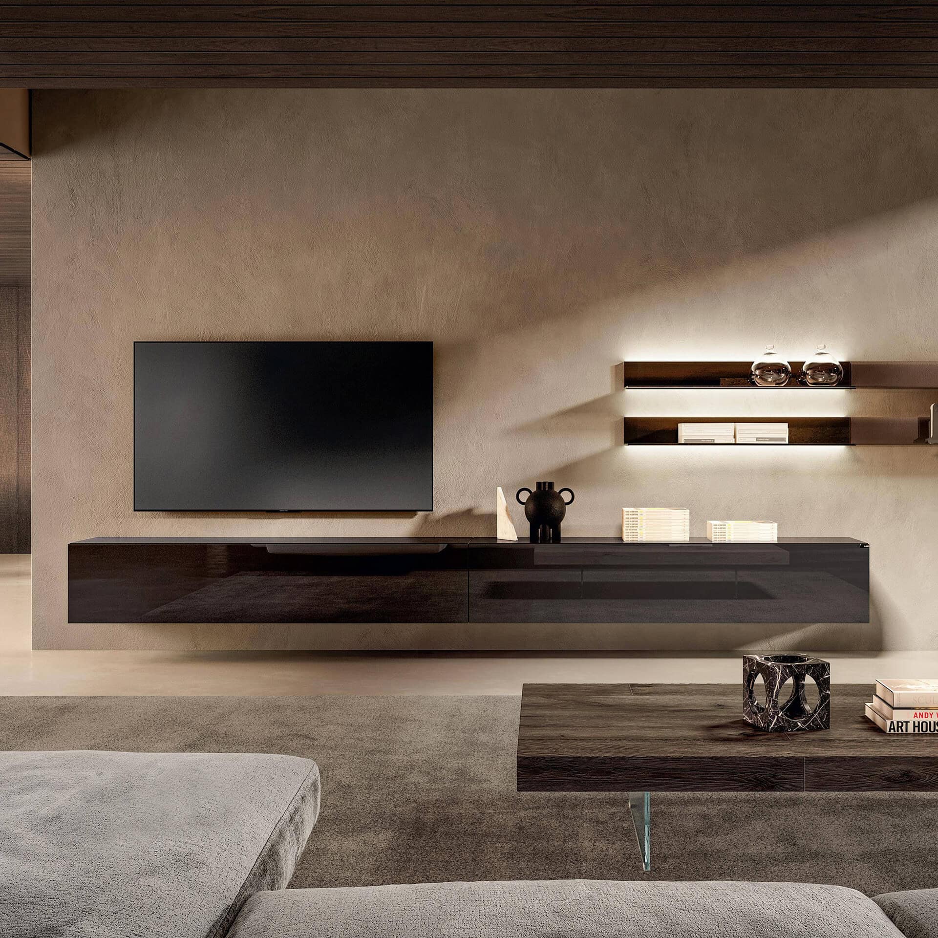 Elegant living room with a black media console, floating shelves, and modern decor in neutral shades.