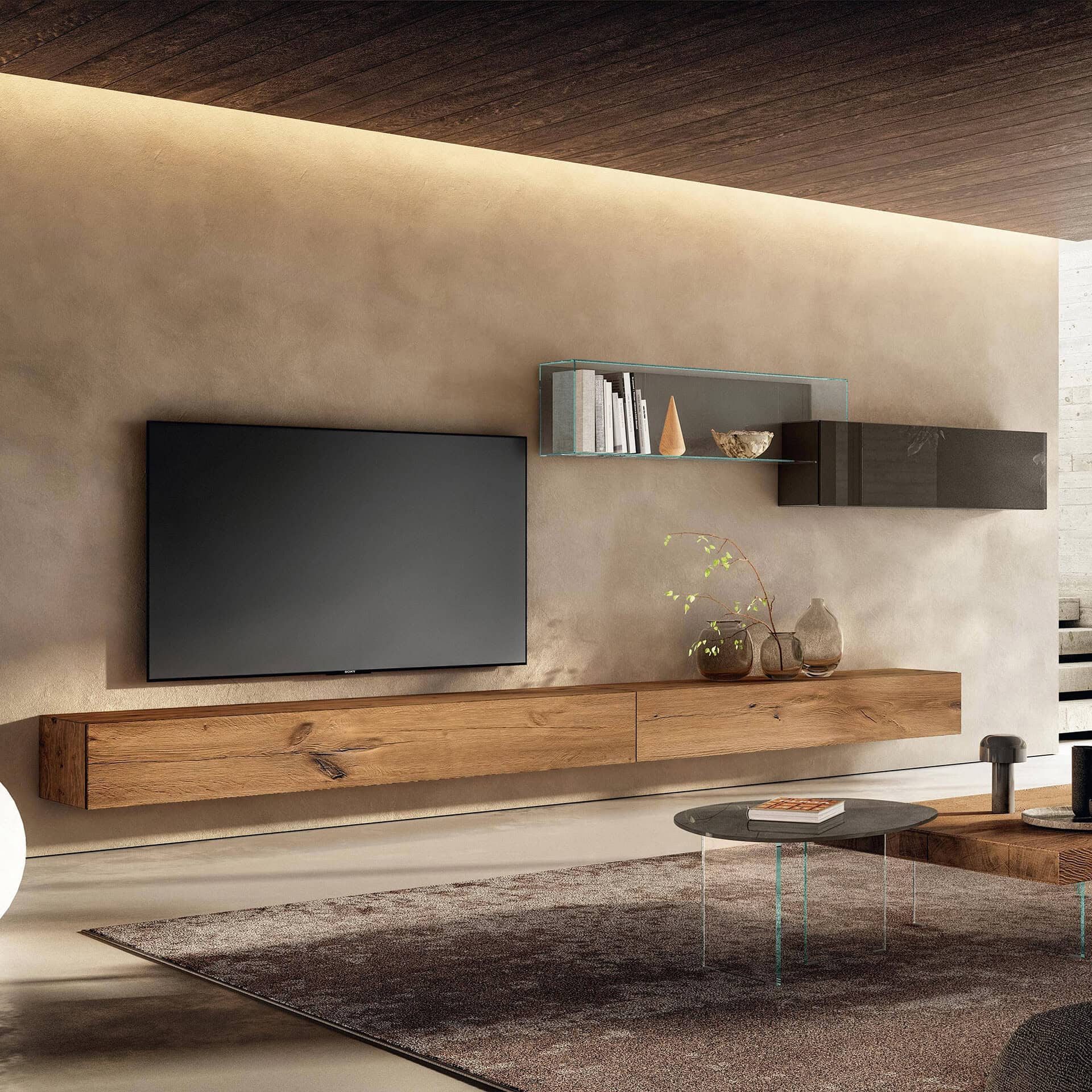 Mounted TV with contemporary floating shelves and wooden console in a modern living room.