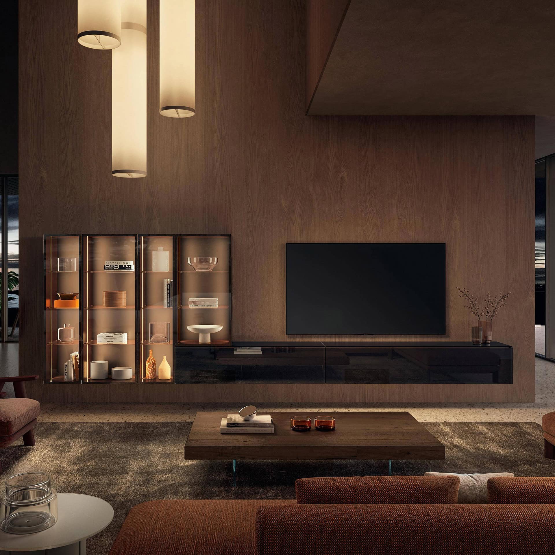 Elegant living room featuring a sleek wooden accent wall and contemporary decor.
