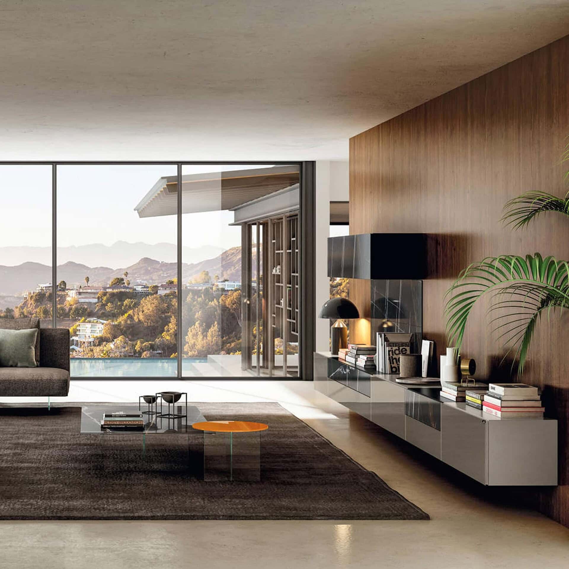 Modern living room featuring the Lago 36e8 Wall Unit 0869 in a bright space with large windows and minimal decor.