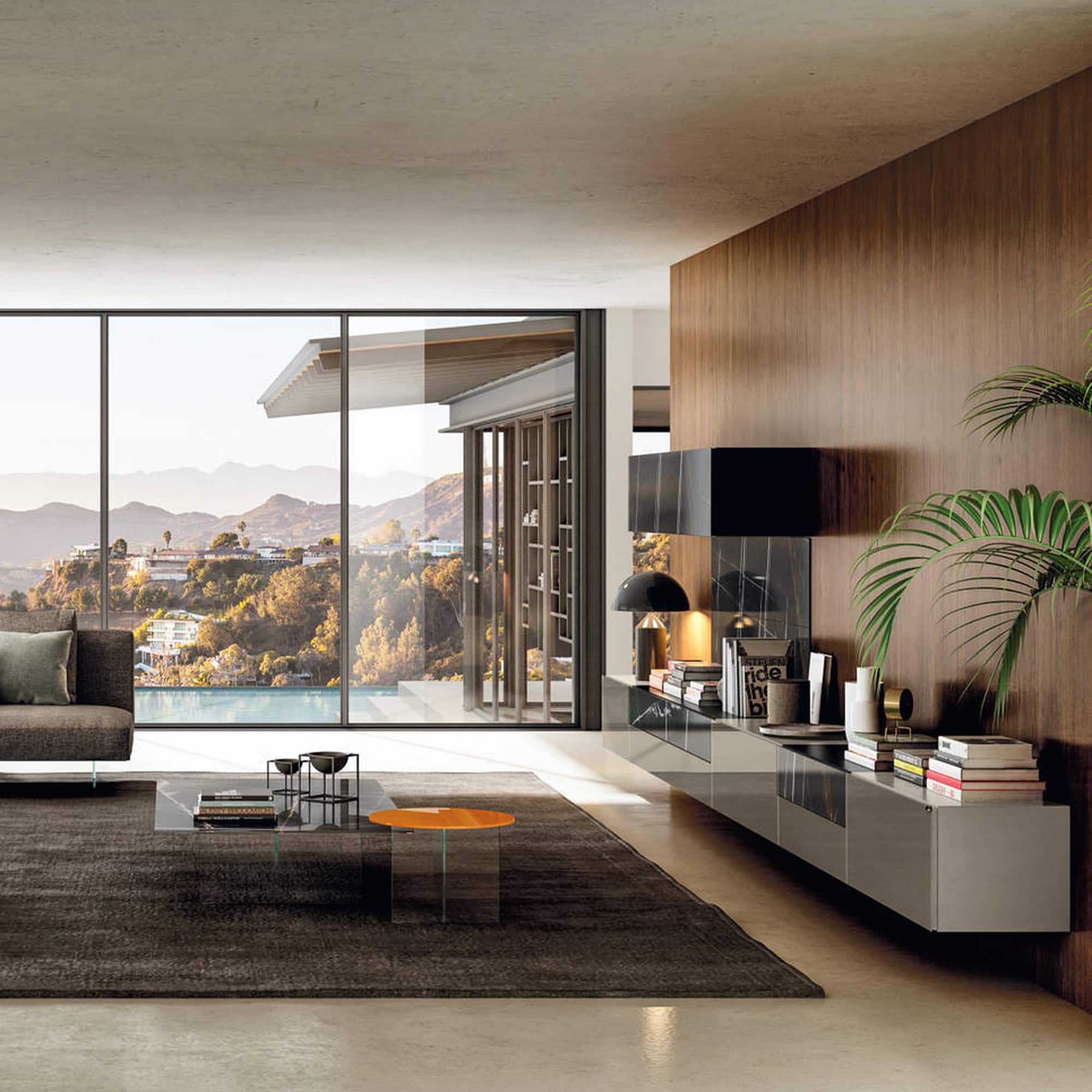Modern living room featuring the Lago 36e8 Wall Unit 0869 in a bright space with large windows and minimal decor.