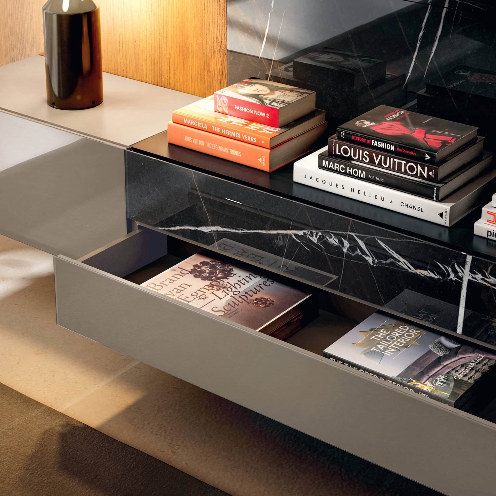 Close-up of the Lago 36e8 Wall Unit 0869 open drawer, highlighting storage capacity and premium finishes.