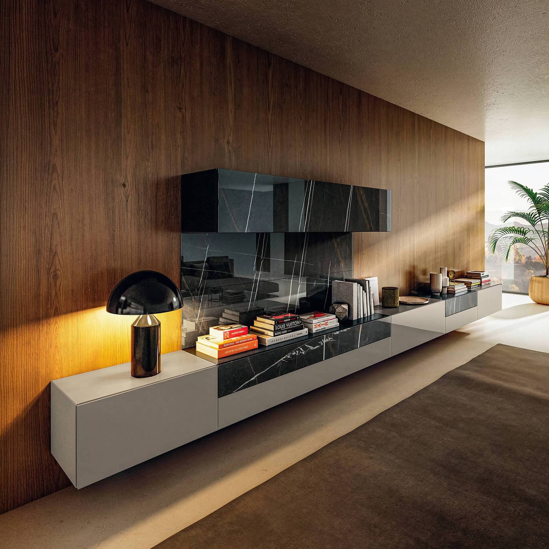 Wide-angle view of the Lago 36e8 Wall Unit 0869 styled with accessories and lighting for a contemporary interior.