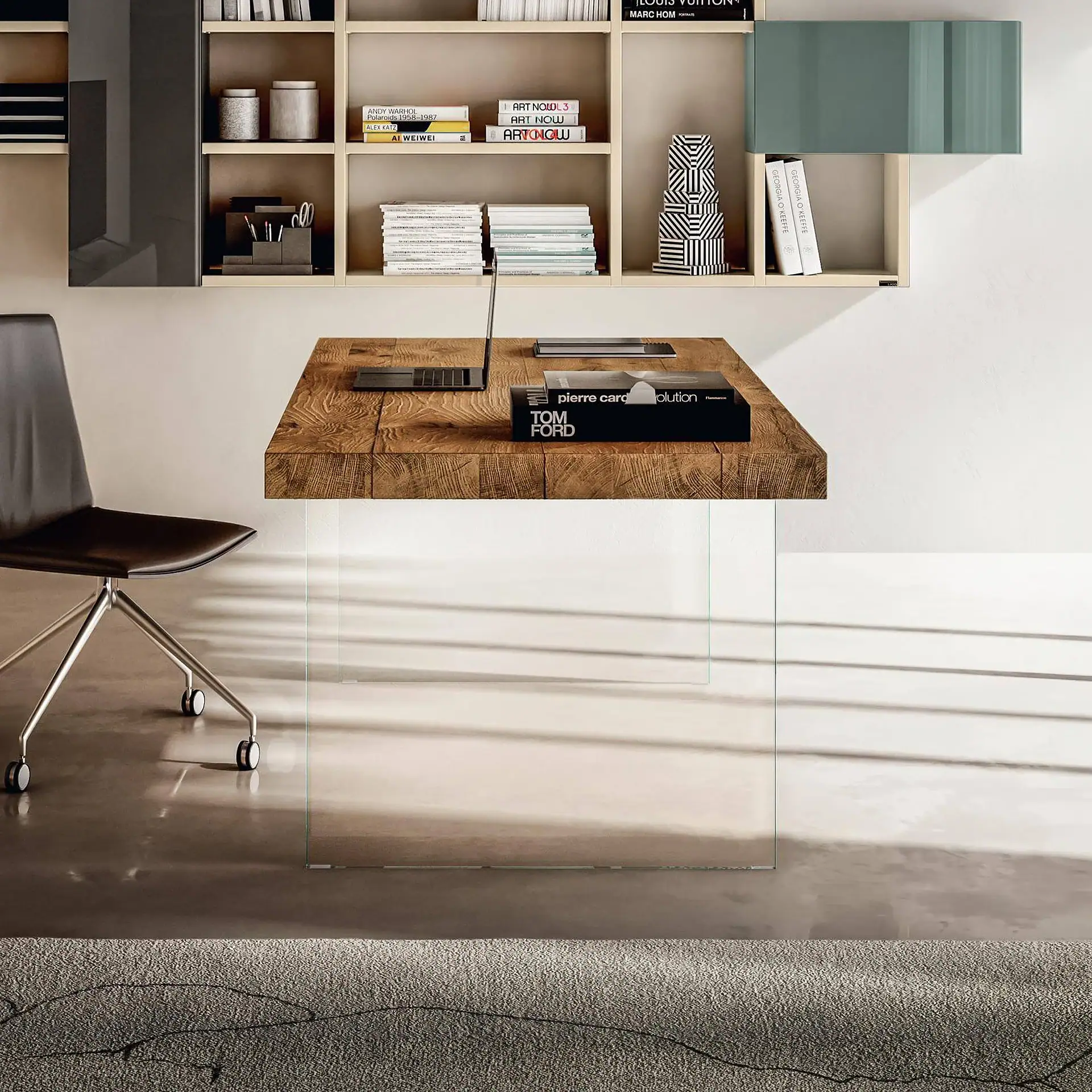 Modern wooden Air Desk with glass legs in a contemporary office setting.