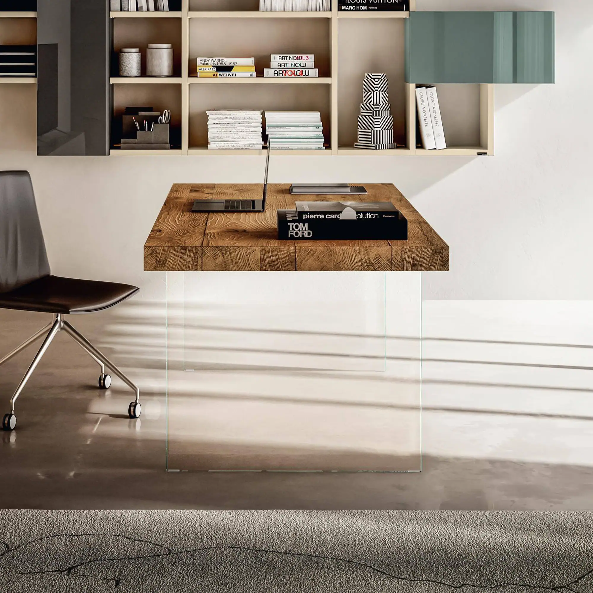 Modern wooden Air Desk with glass legs in a contemporary office setting.