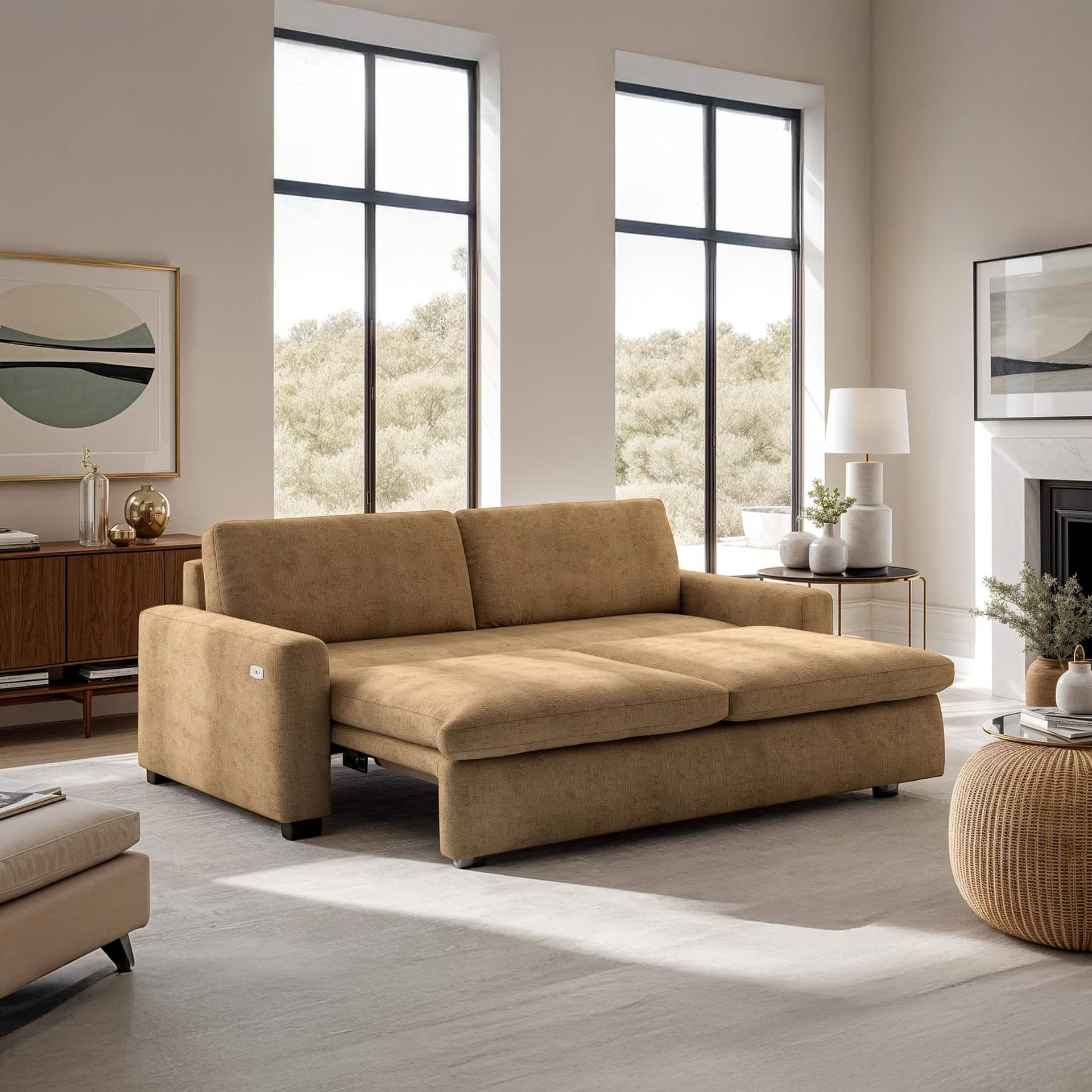 A modern, light brown sofa with an extended footrest in a bright living room with large windows overlooking greenery.