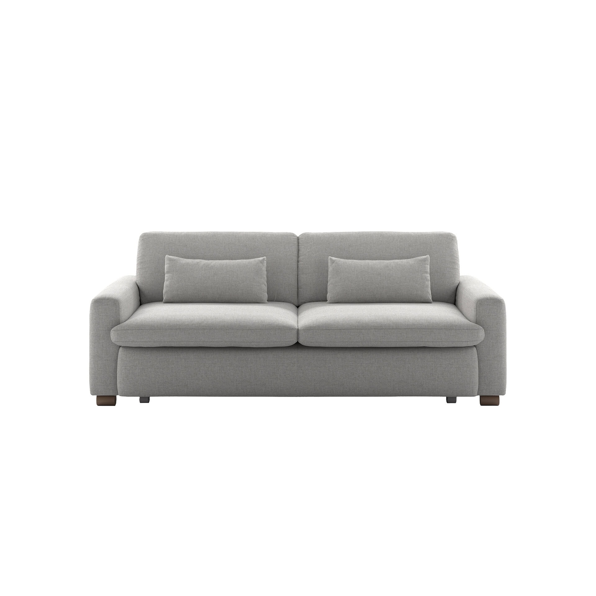 A light heather gray two-seater sofa with wide arms, two seat cushions, two back cushions, and two rectangular throw pillows, all on a white background.