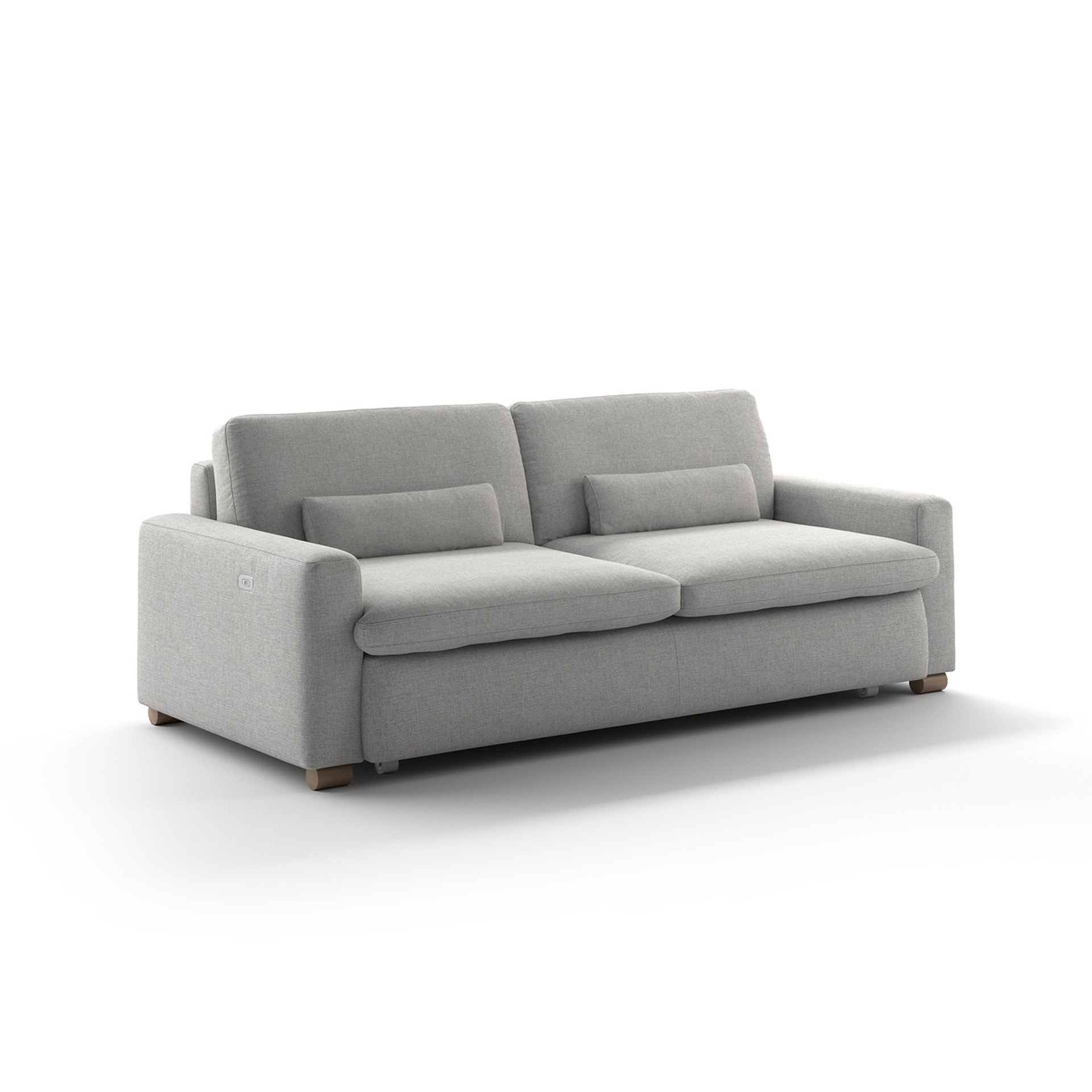 A modern, light gray two-seater sofa with plush cushions and wooden legs, shown against a white background.