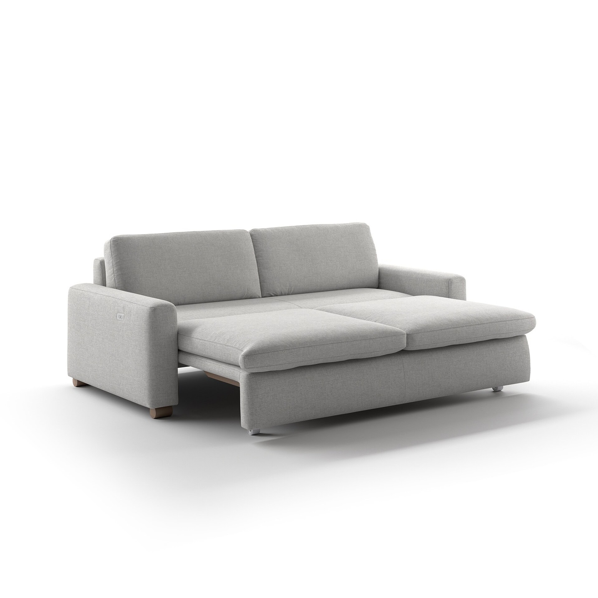 A light gray fabric sofa with an extended seat cushion, indicating a sofa bed or reclining function, against a white background.