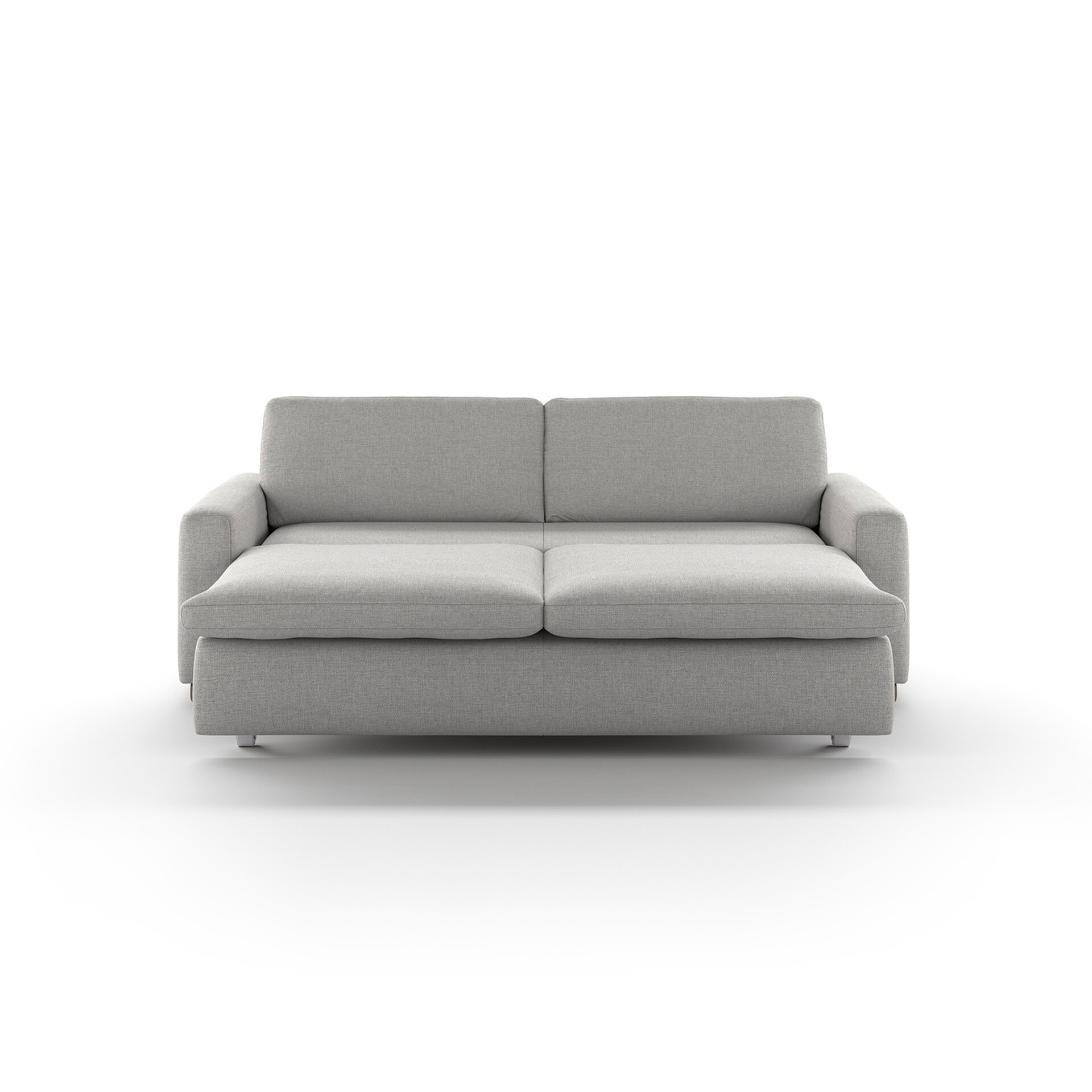 Front view of a light grey fabric sectional sofa with a right-hand chaise lounge on a white background.