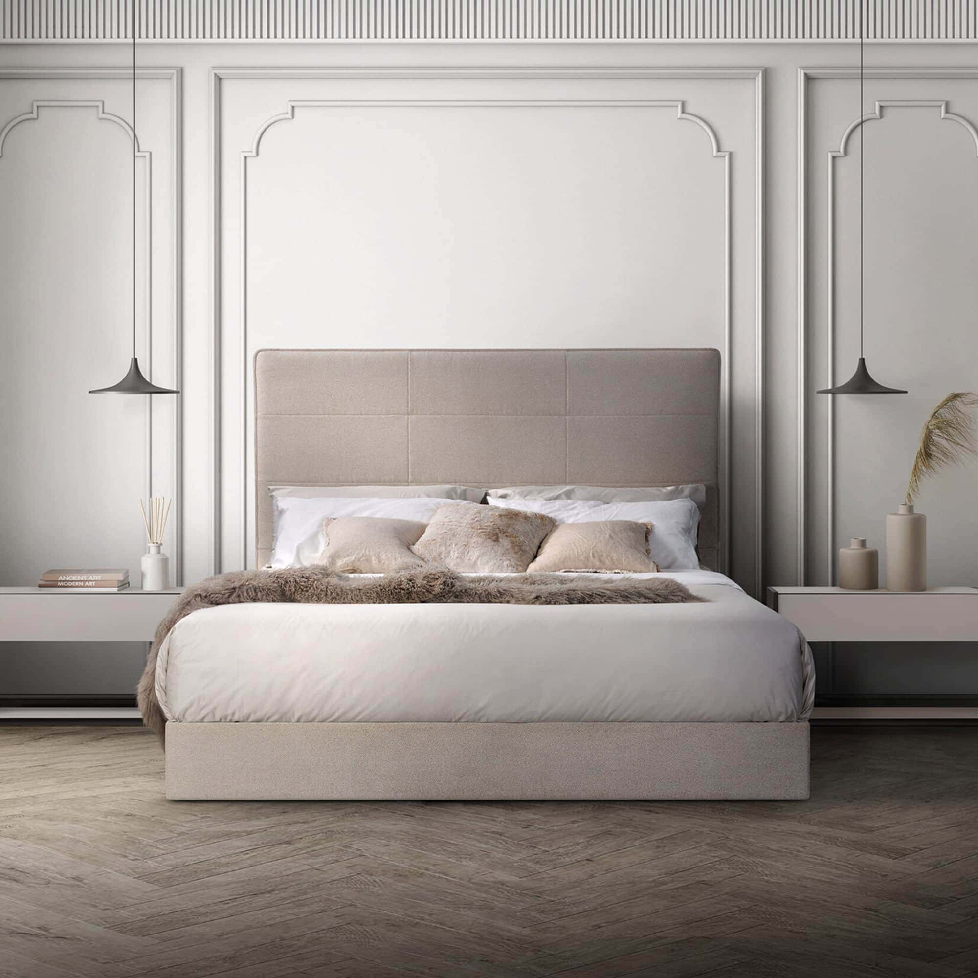 Modern Trica bed with beige upholstered headboard in elegant bedroom setting.