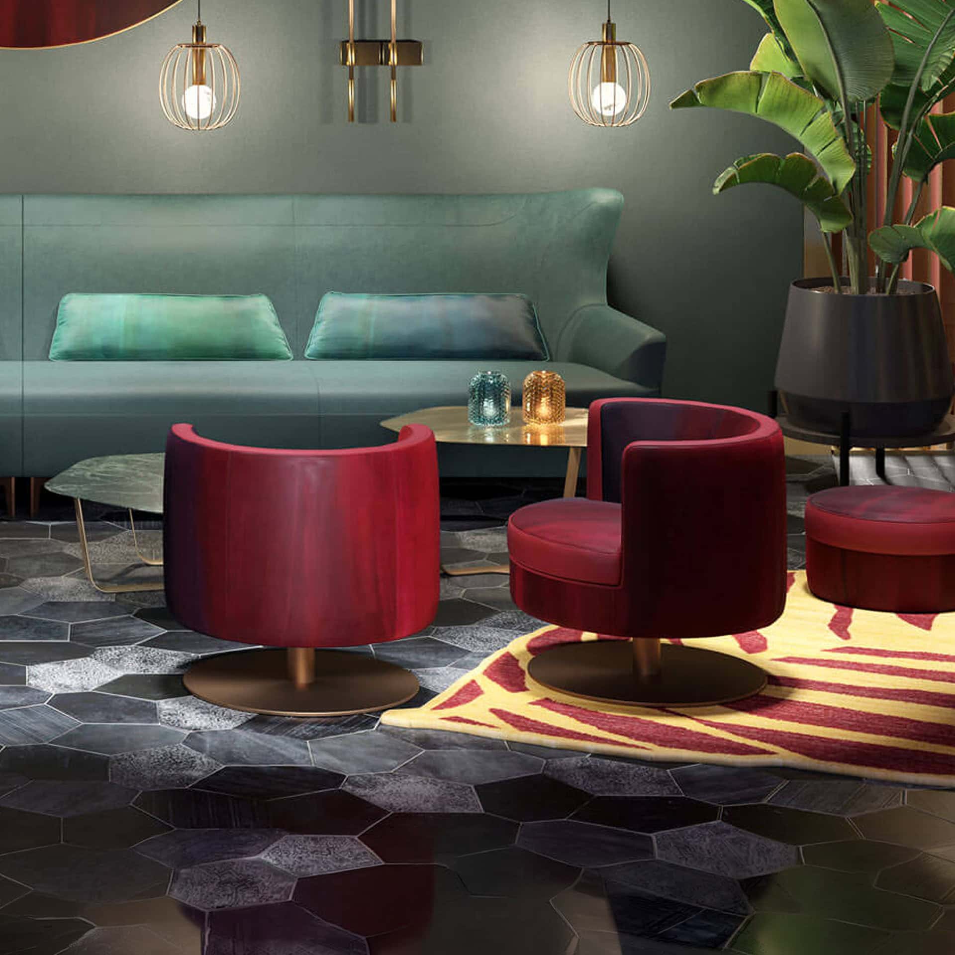 Swivel lounge chair for modern living spaces. Comfortable, stylish seating with vibrant red upholste.