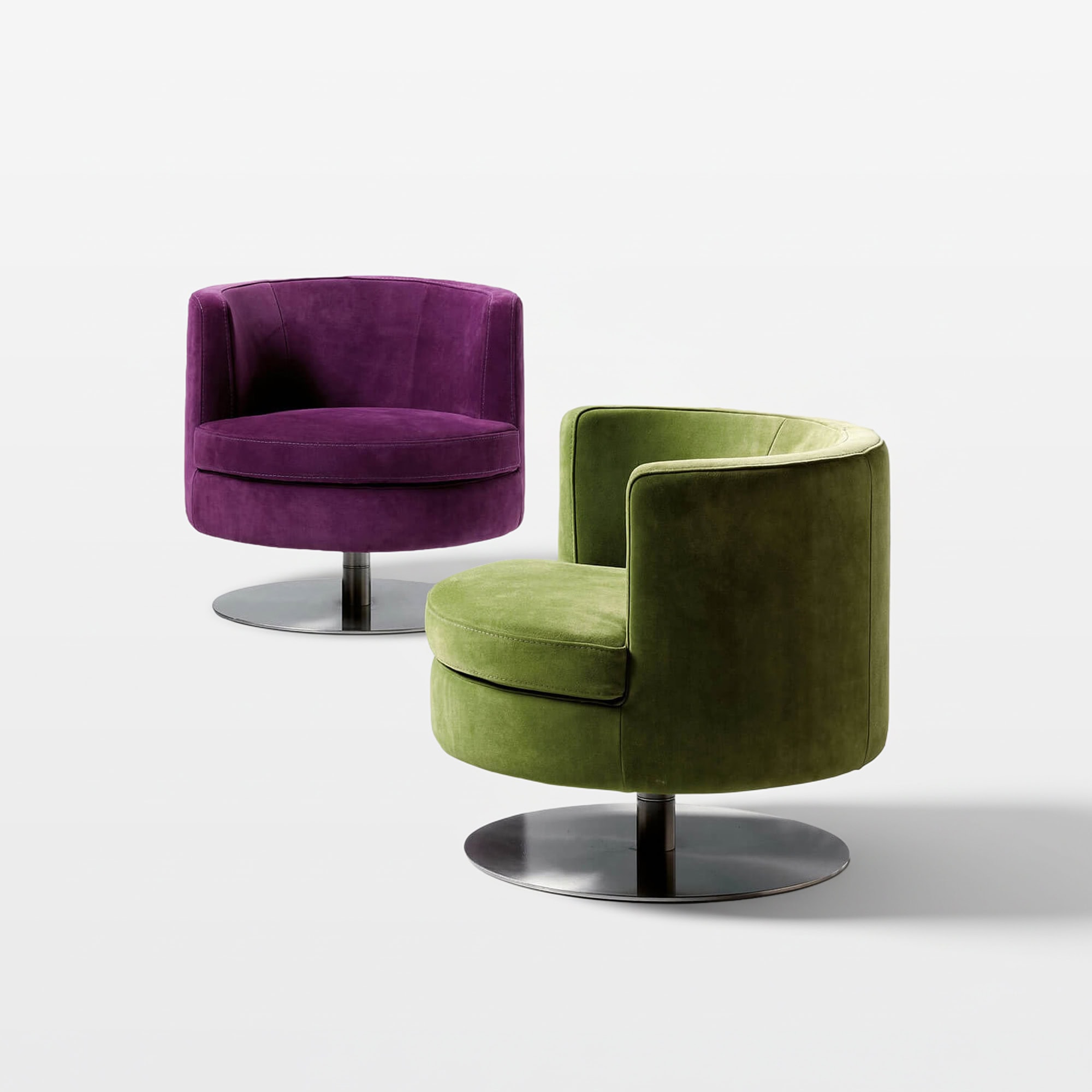 Stylish swivel lounge chairs in purple and green with sleek metal bases.