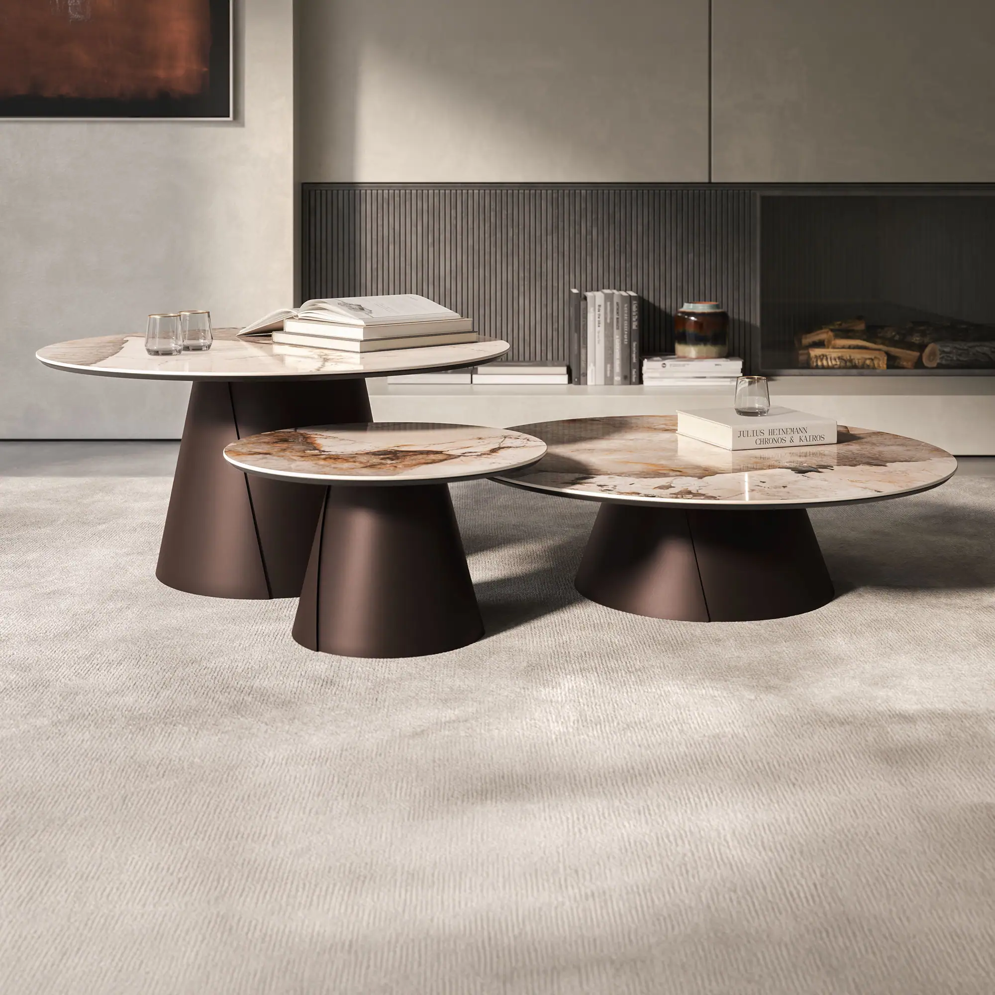Contemporary white coffee tables with unique pedestal bases in a stylish living room setting.
