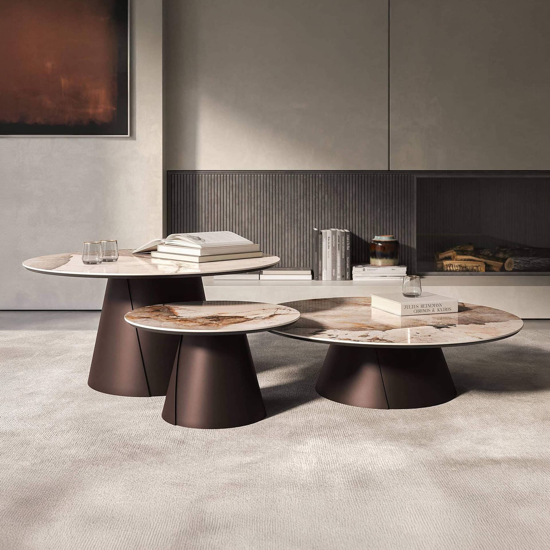 Elegant Albert Keramik coffee tables with marble tops and distinctive pedestal bases for contemporar.