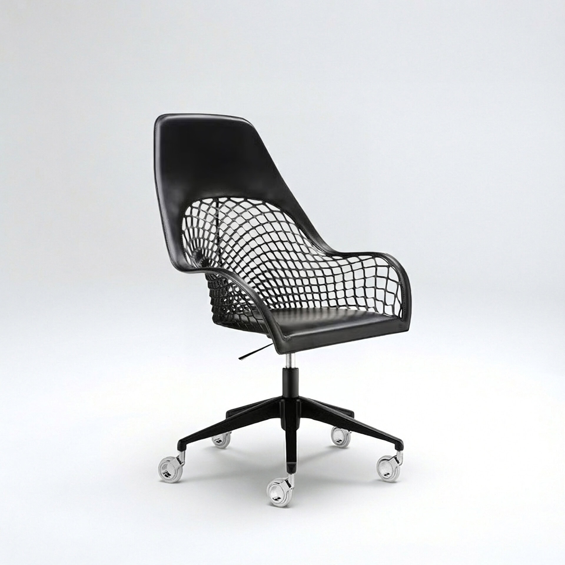 Modern black mesh office chair with adjustable height and rolling casters.