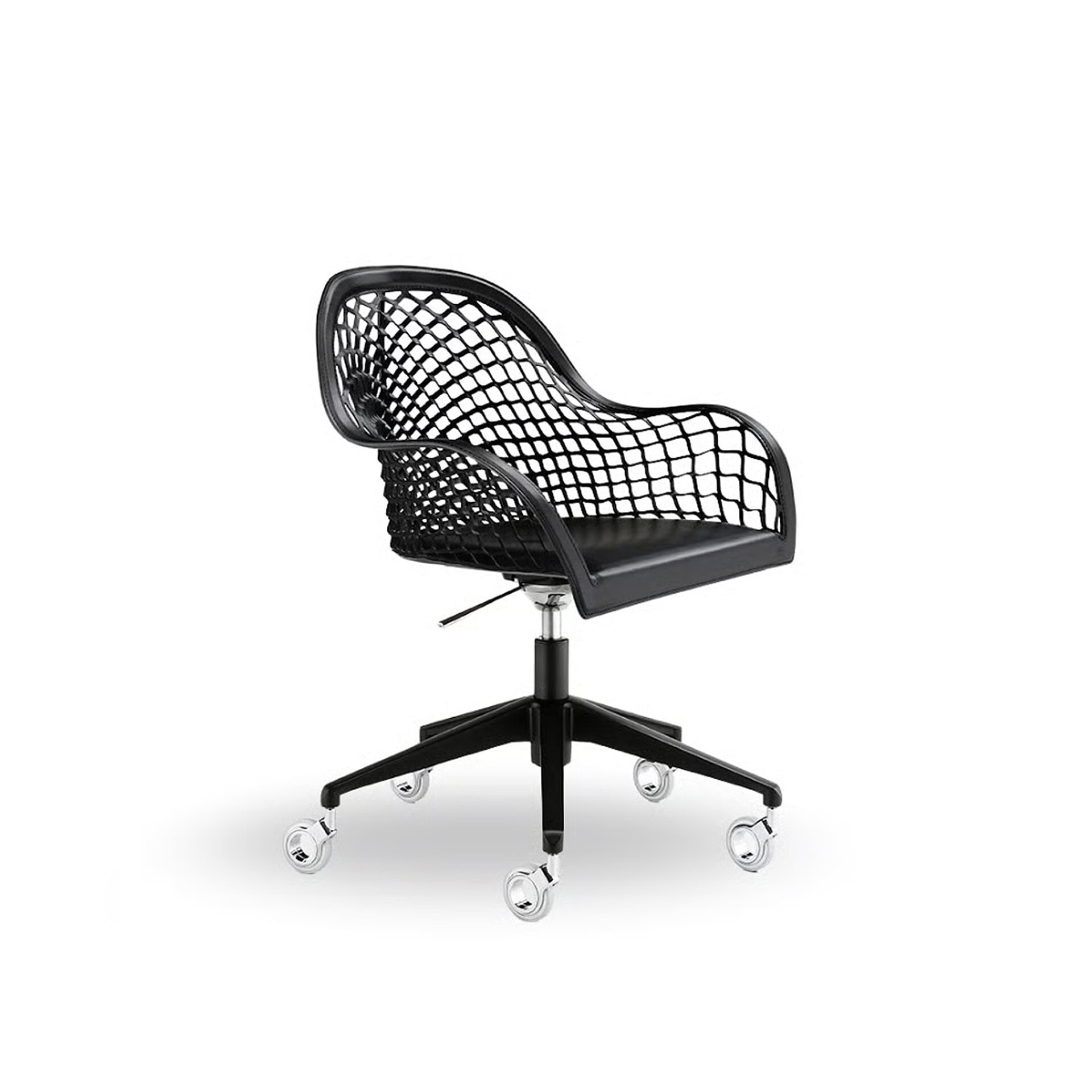 Modern black mesh office chair with adjustable height and rolling casters.