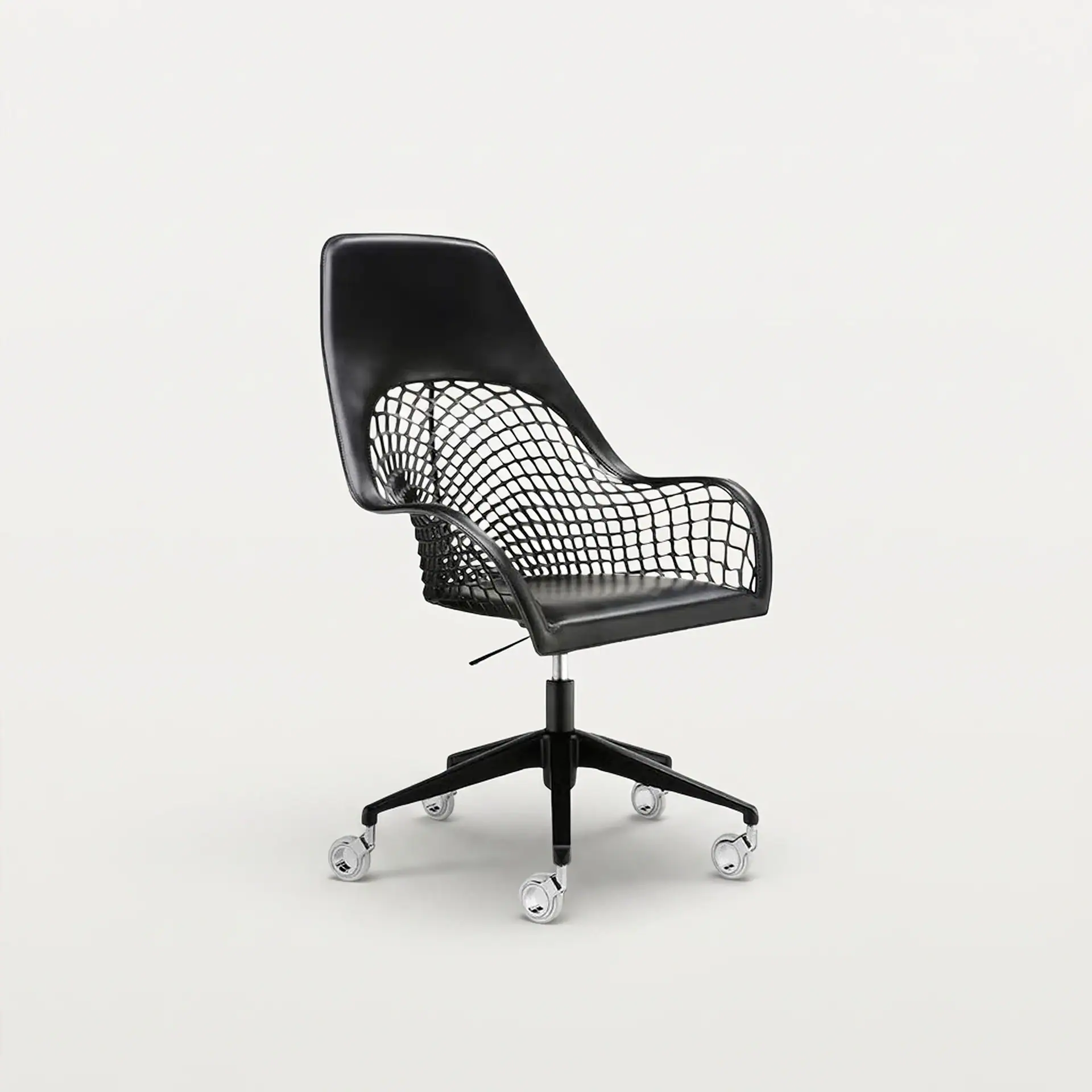 Black mesh ergonomic office chair with adjustable height and rolling casters for workspace comfort.