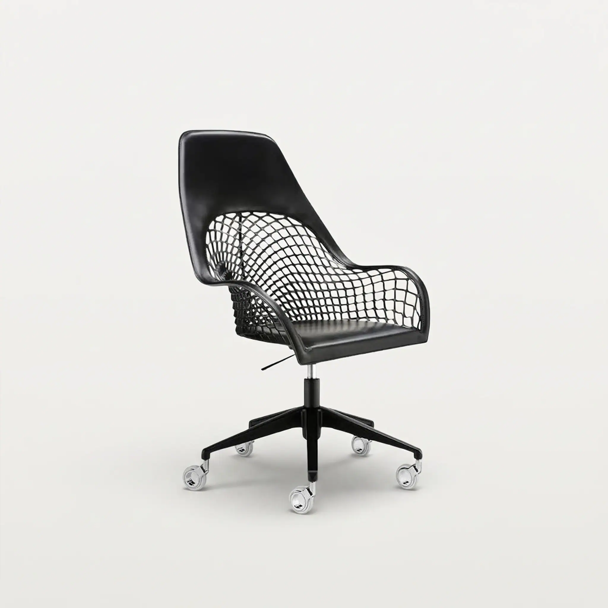 Black mesh ergonomic office chair with adjustable height and rolling casters for workspace comfort.