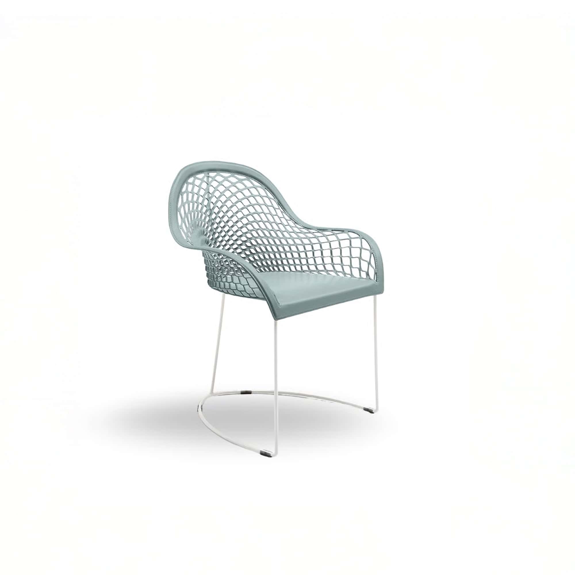 Guapa Leather Armchair with light blue leather seat and chrome sled base on white background.