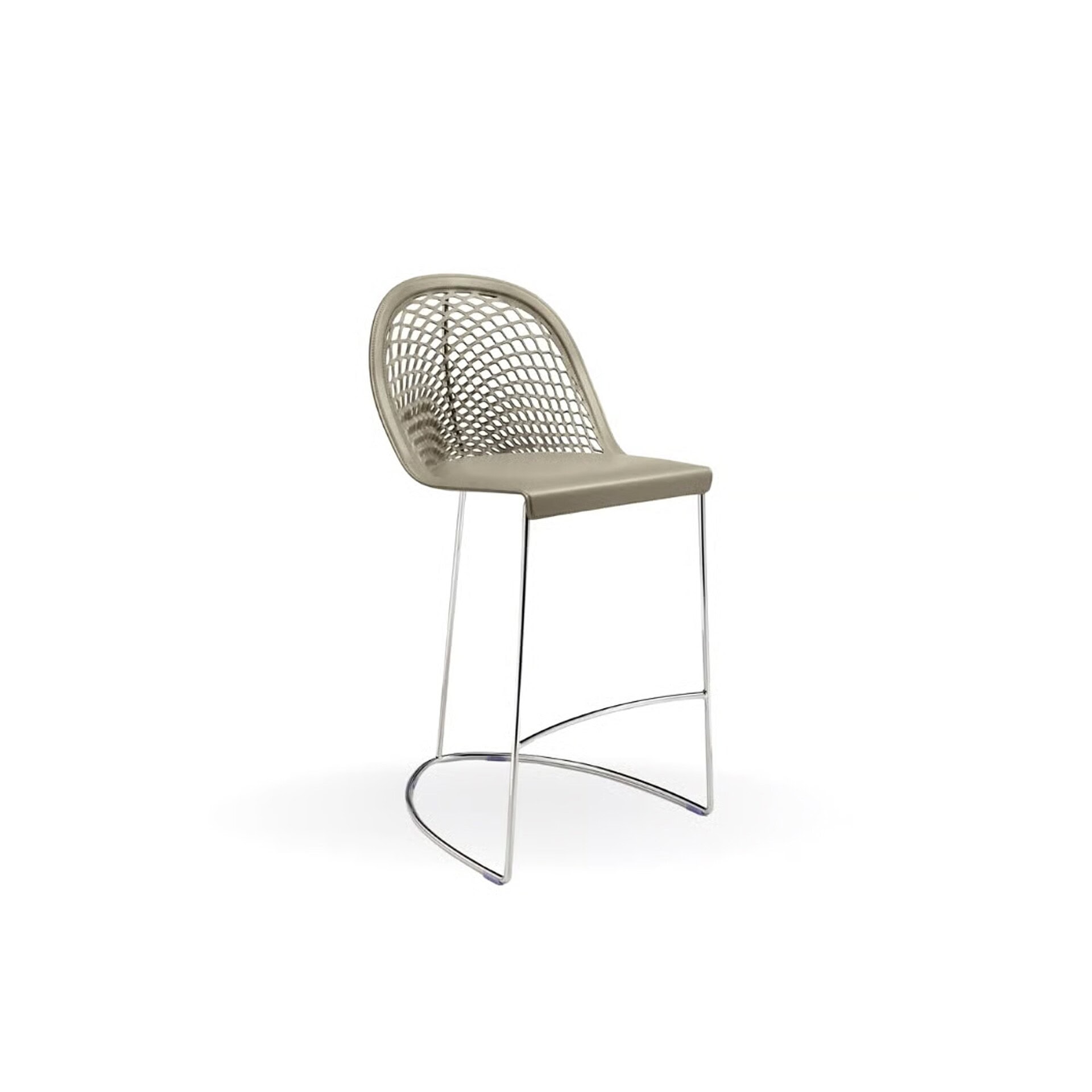 Guapa stool with sled base and taupe leather seat, shown on a white background.