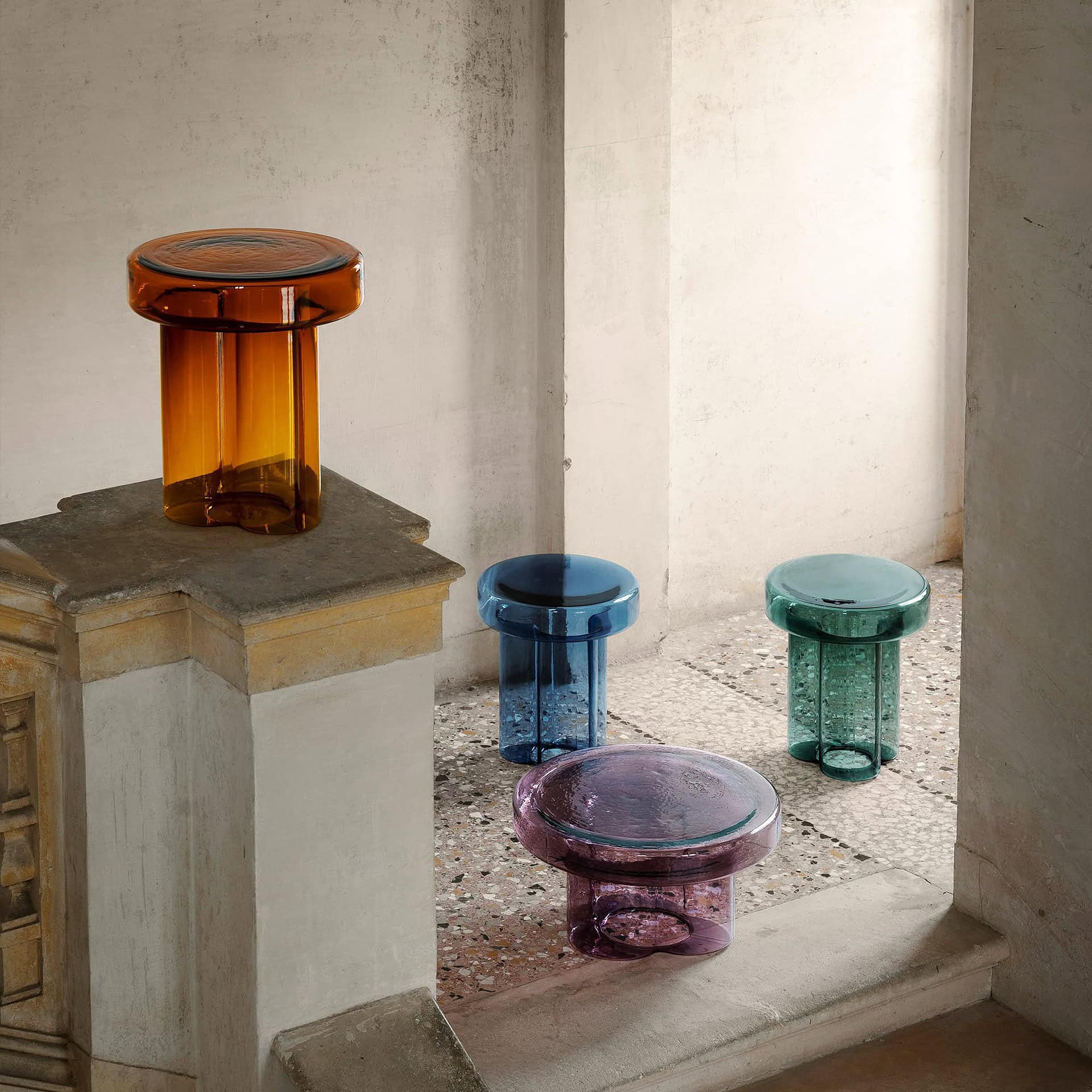Group of Soda Hand-Blown Glass Coffee Tables in Amethyst, Blue, and Petrol Green blown glass finishes