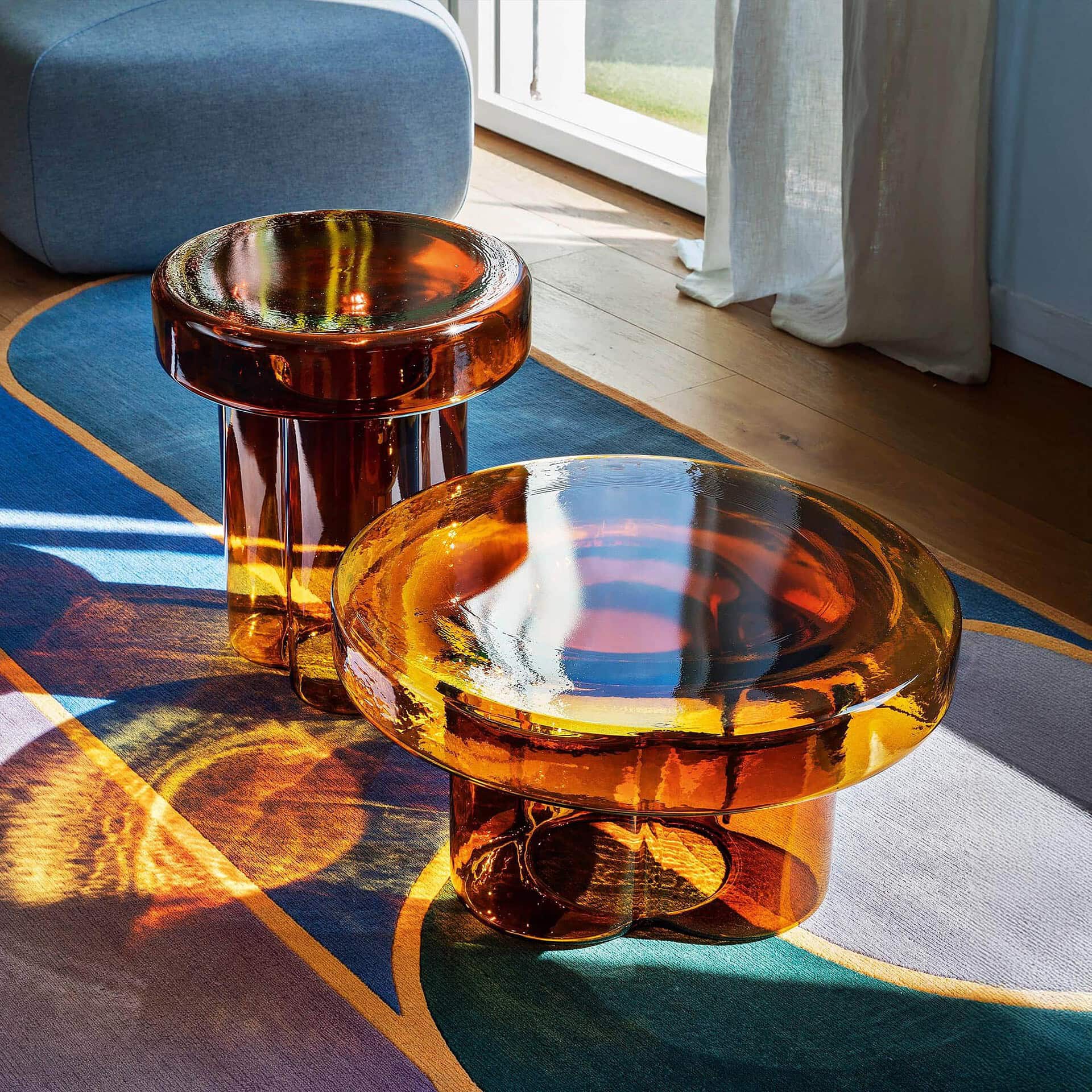 Soda Hand-Blown Glass Coffee Tables in Amber glass placed in a bright contemporary interior