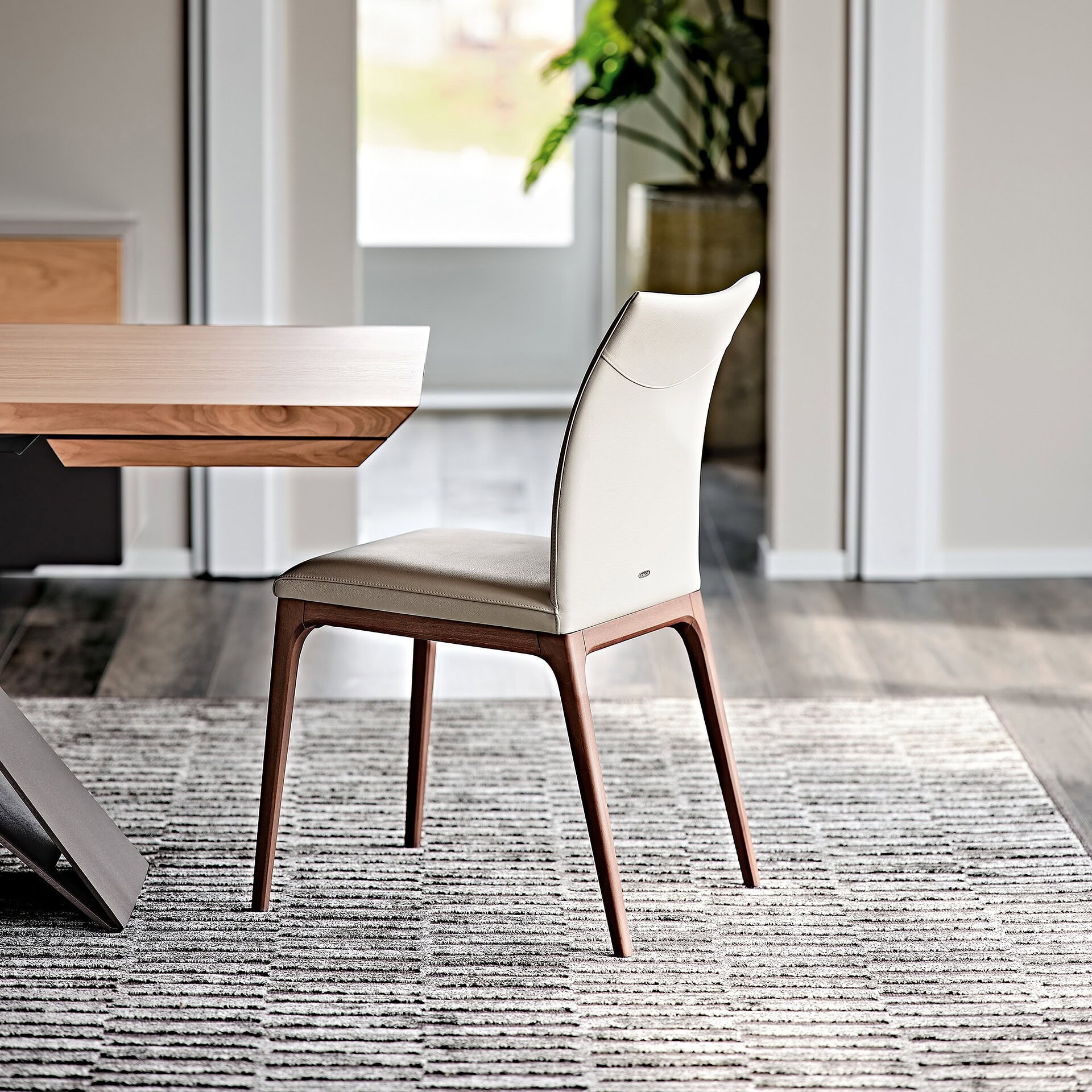 Contemporary dining chair with wooden legs and cream upholstery, modern furniture design.