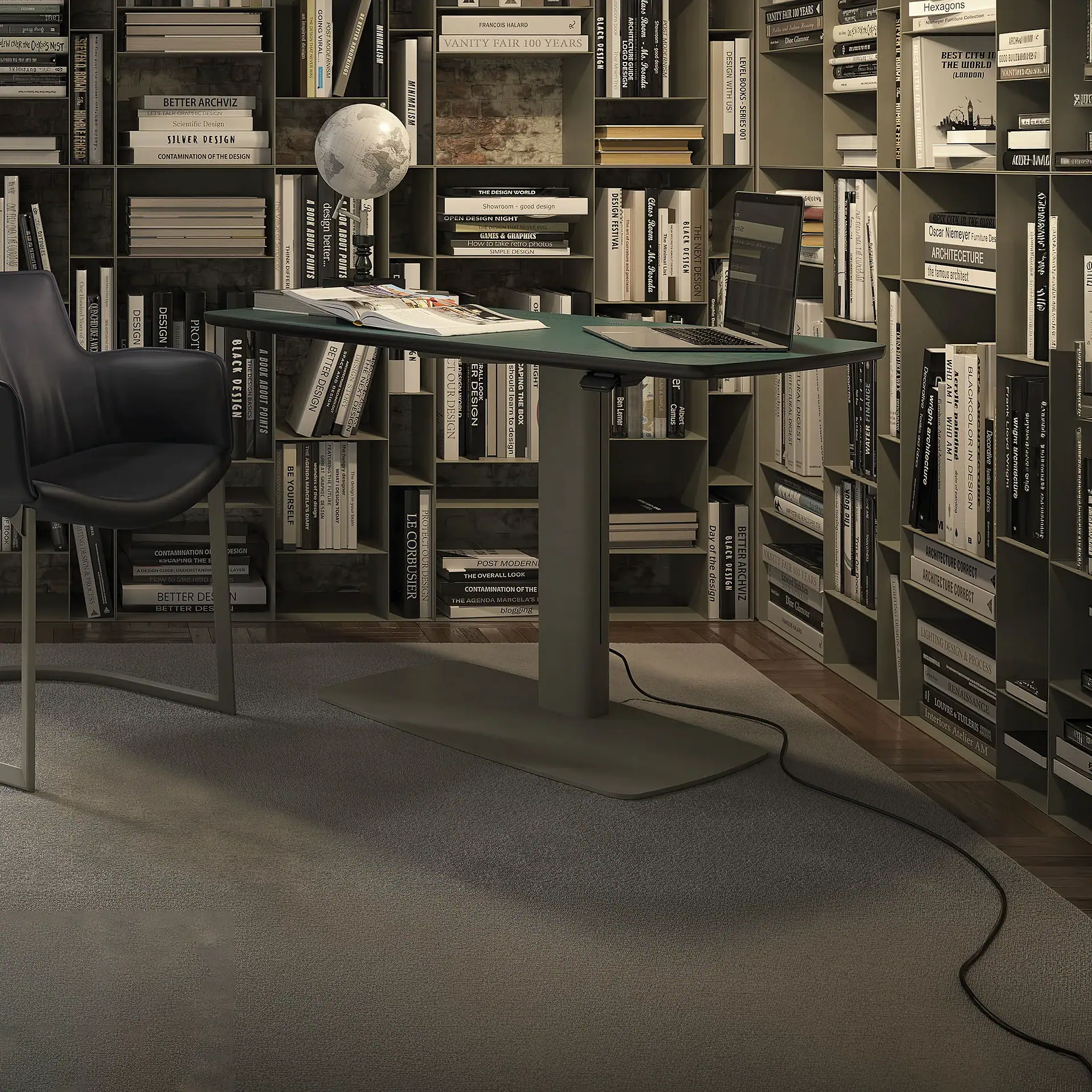 Runner height-adjustable desk with laptop and books in a library setting.