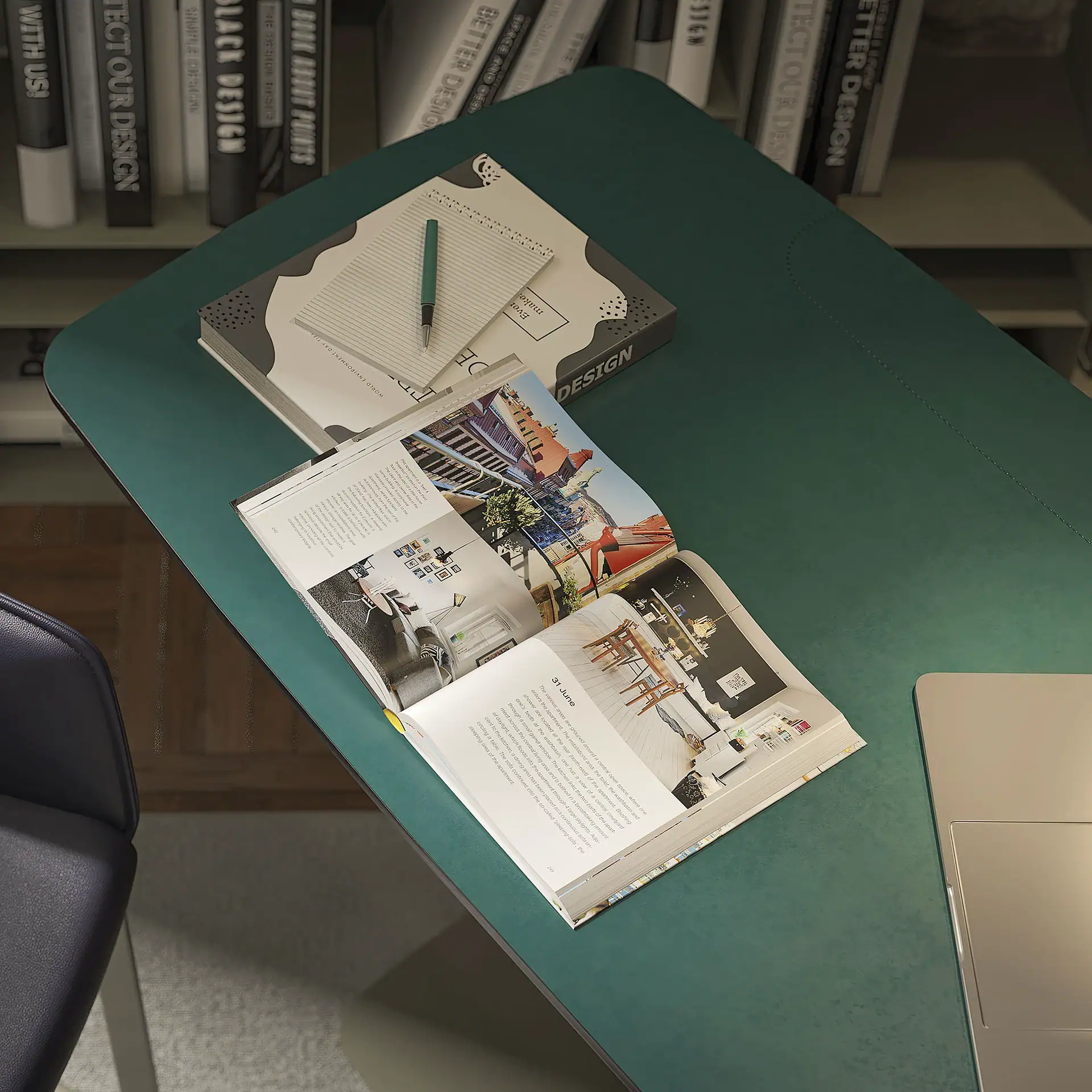 Open magazine and notebook on a green height-adjustable desk in a modern office.
