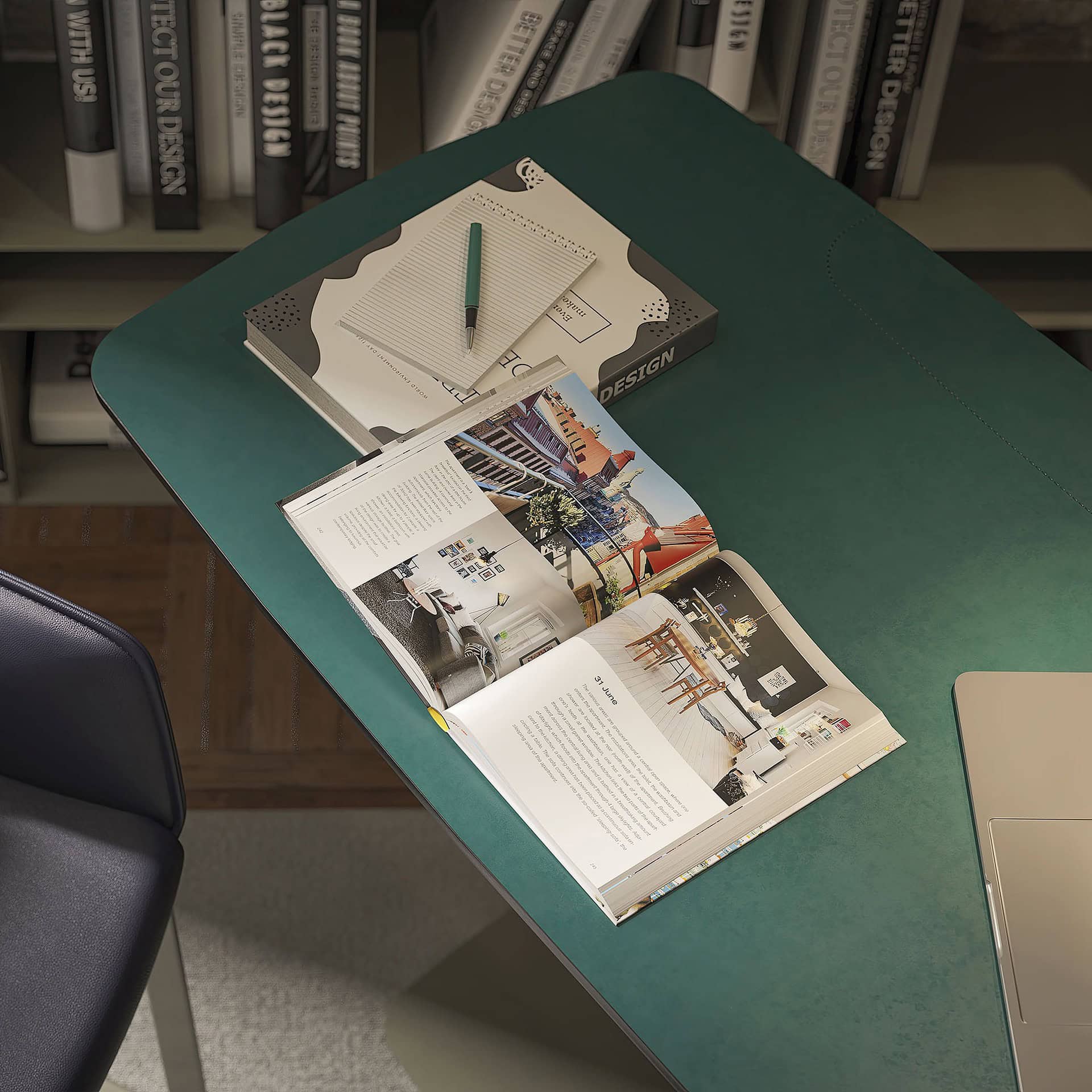 Stylish green office desk with open magazine, notebook, and pen for modern workspace decor.