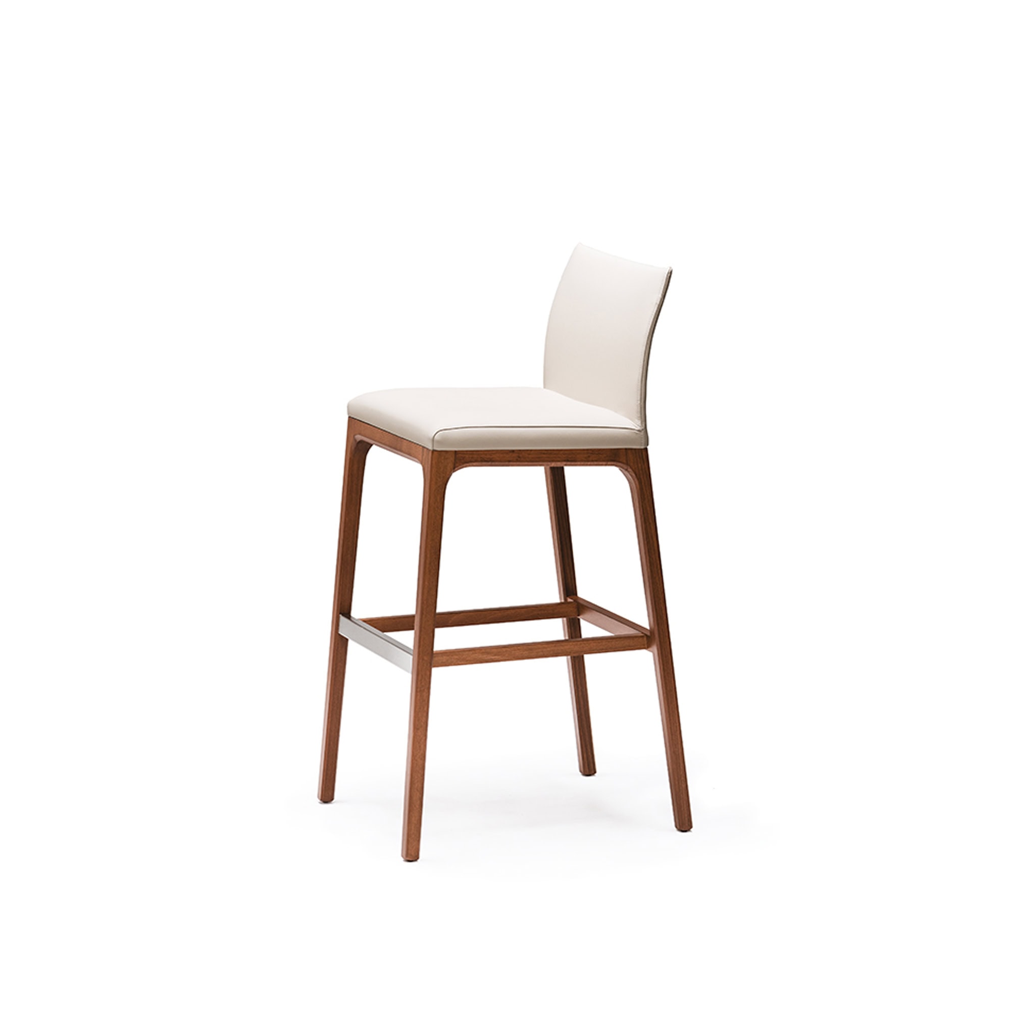 Arcadia Stool front view with upholstered seat and solid wood base.