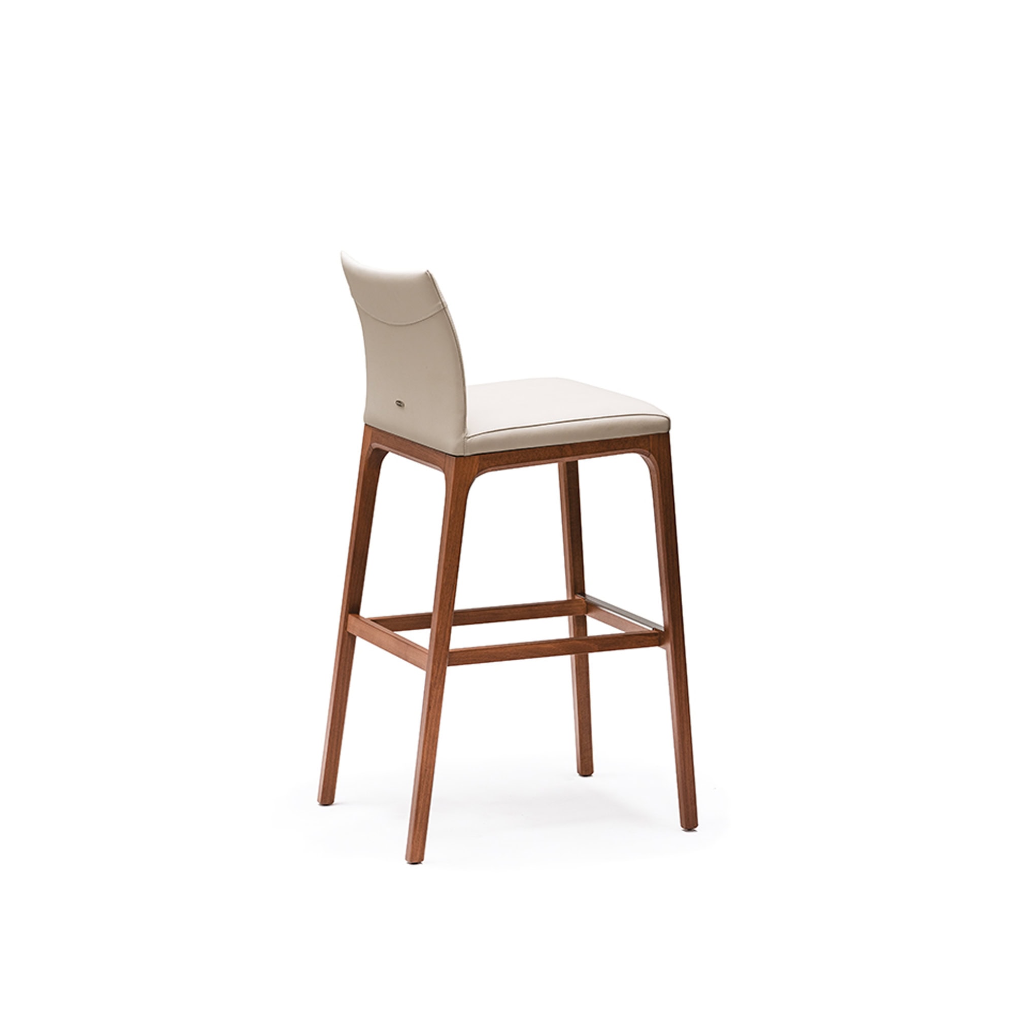 Arcadia Stool side profile view with curved upholstered backrest and wooden legs.