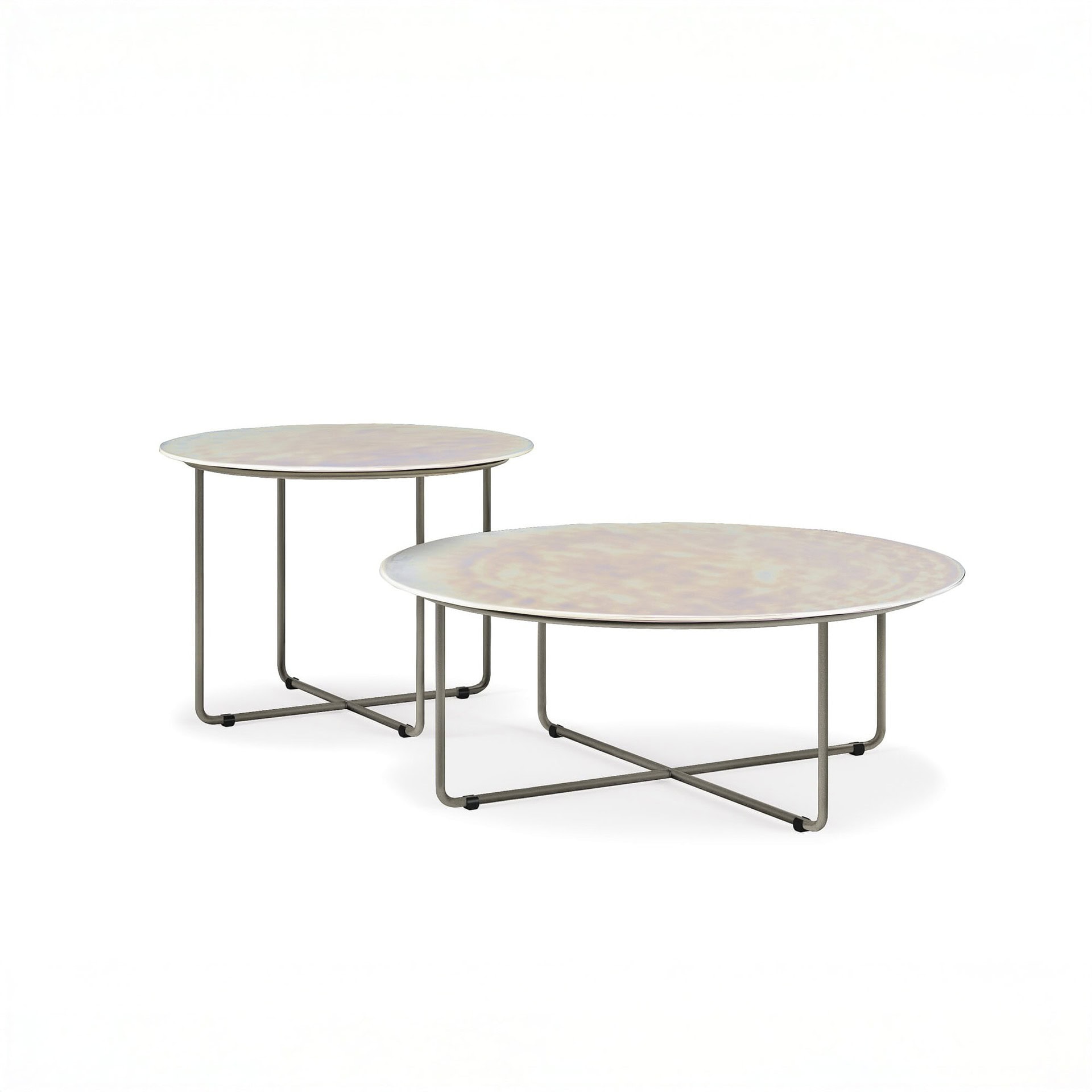 Studio shot of Vinyl Coffee Tables in white and black finishes highlighting steel base design.
