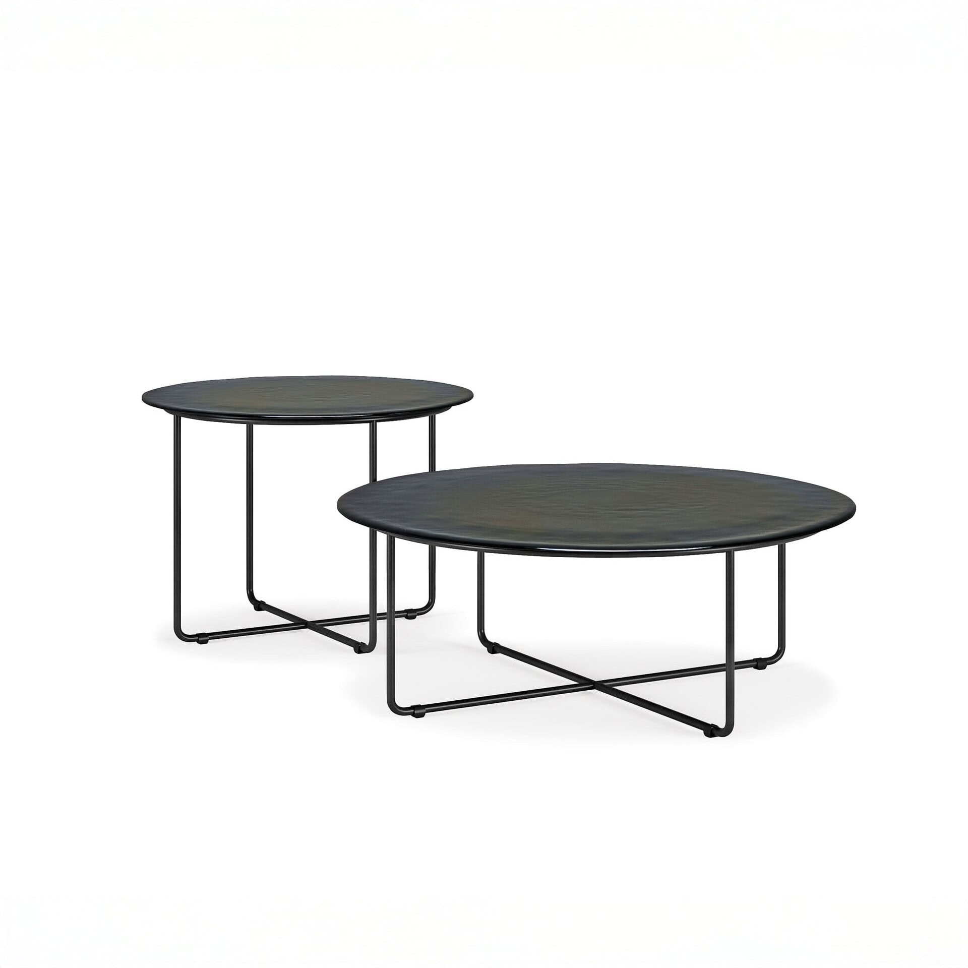 Studio shot of two Vinyl Coffee Tables with contrasting Murano glass tops and sleek steel bases.
