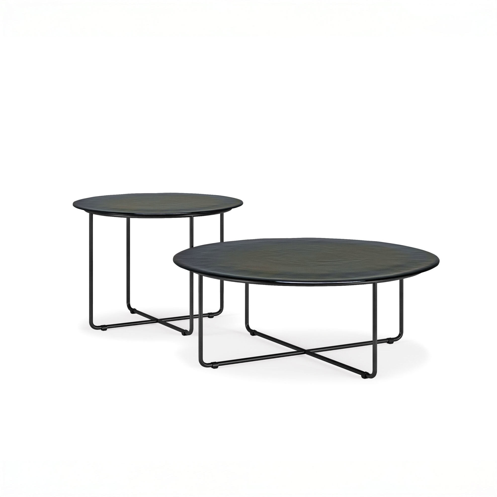 Studio shot of two Vinyl Coffee Tables with contrasting Murano glass tops and sleek steel bases.