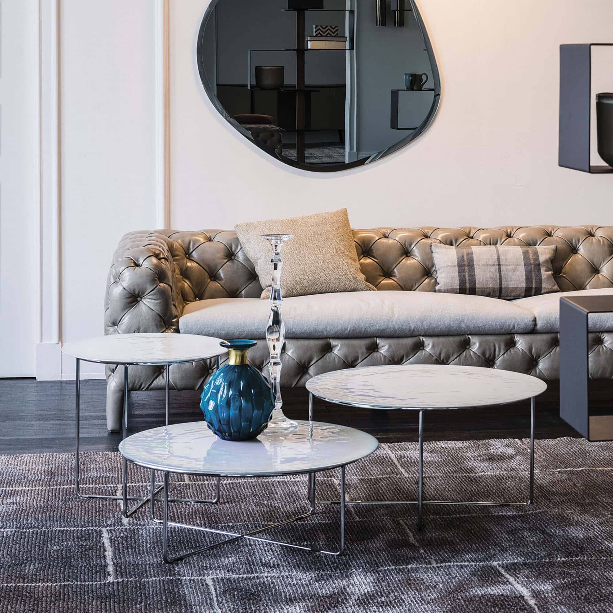 White Murano glass Vinyl Coffee Table in a contemporary living room with neutral-toned furniture.