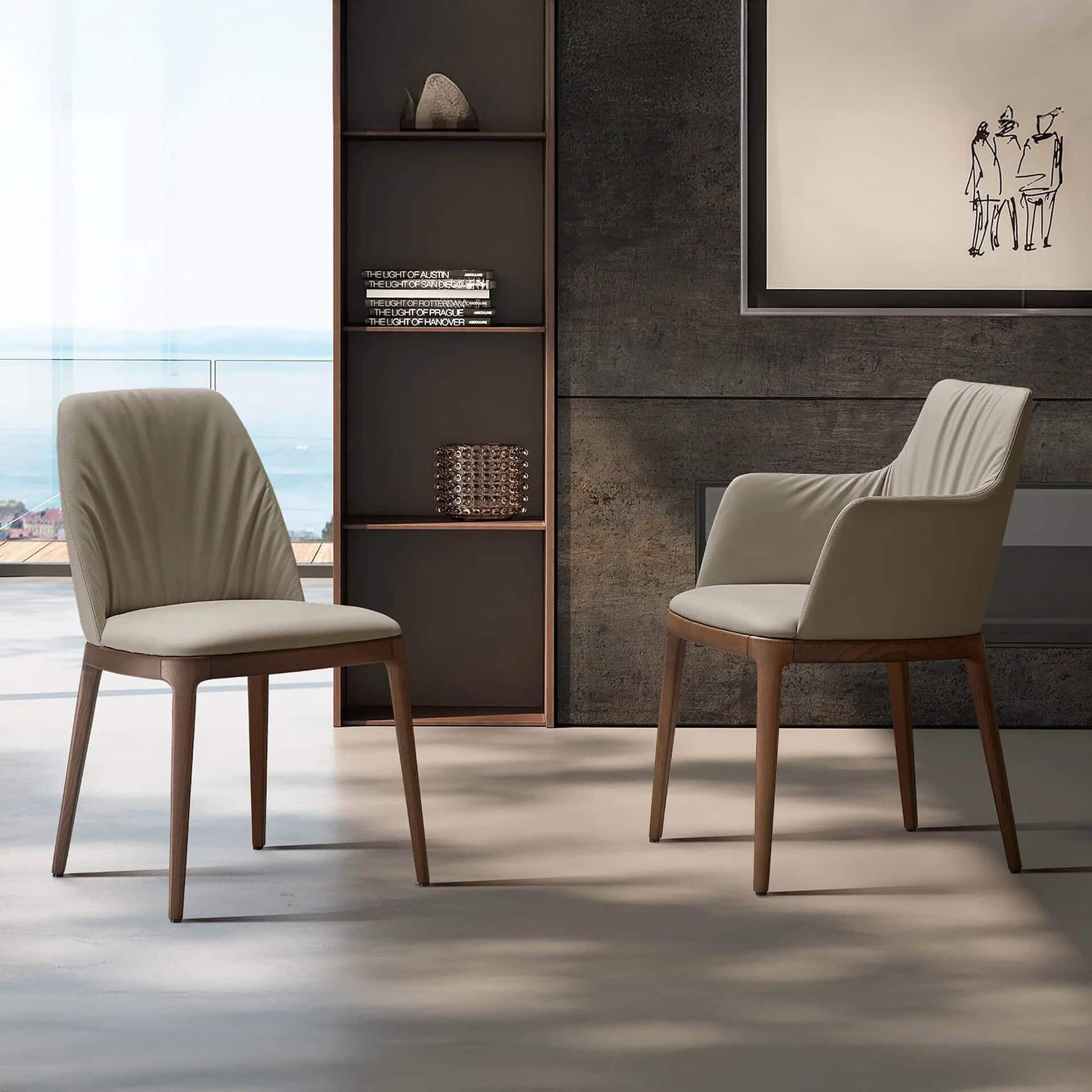 Luxurious modern dining chairs with wooden legs, beige upholstery, minimalist design for elegant interiors.