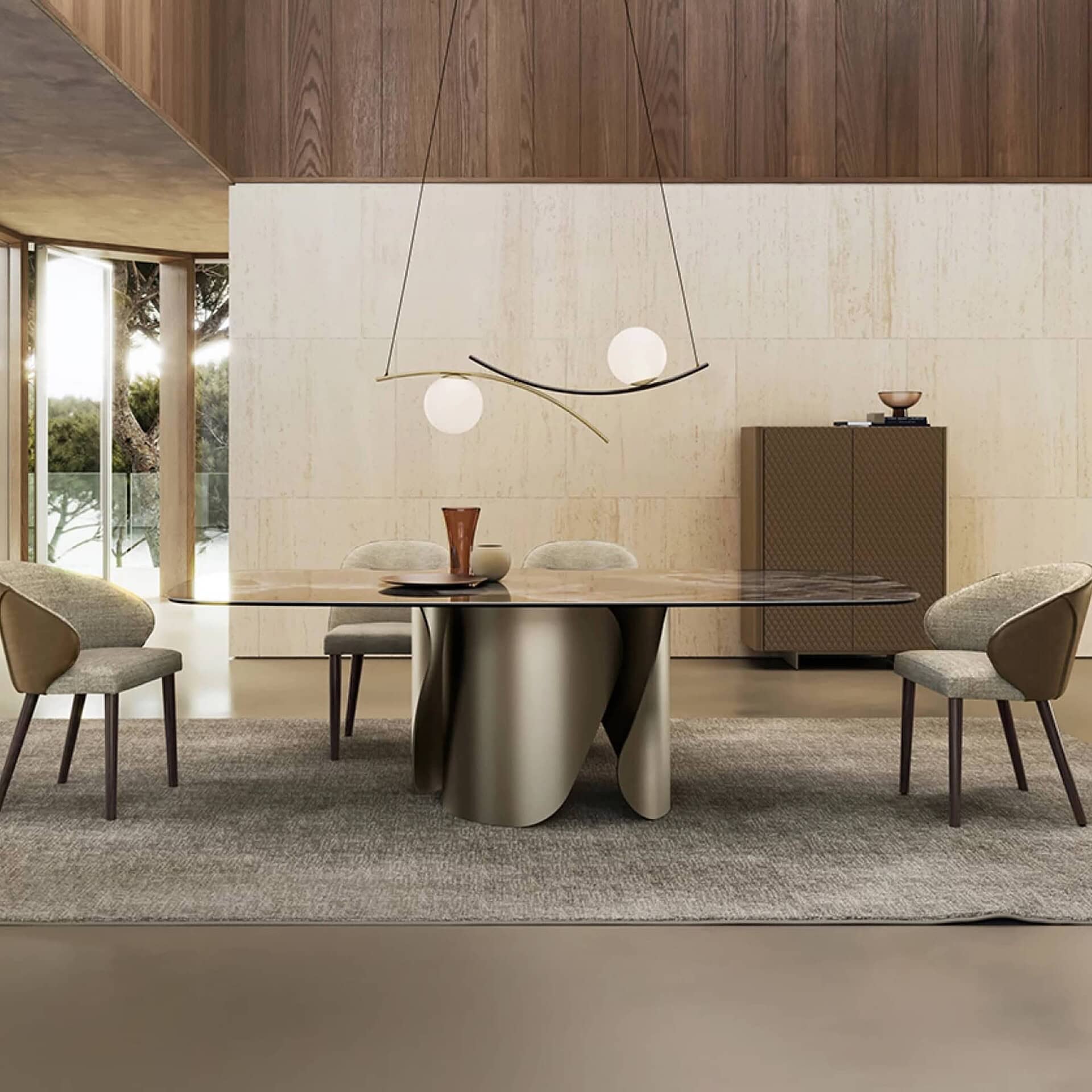 Onda Ceramic Dining Table with glossy alabaster ceramic top and titanium base in a modern dining room.