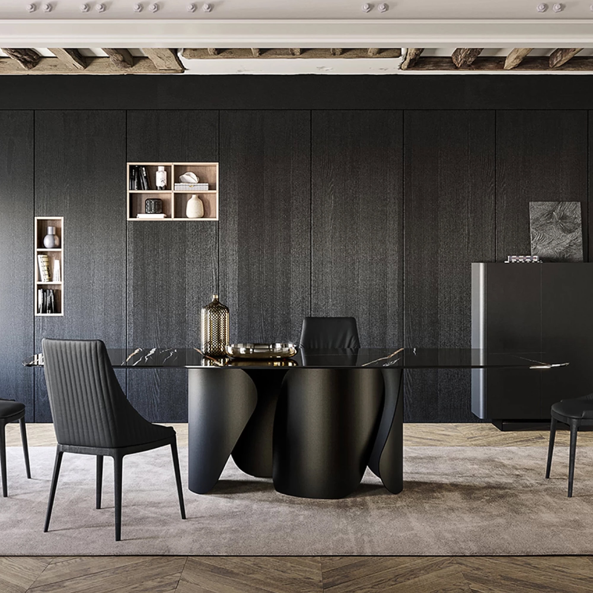 Sleek black dining table with modern black chairs in contemporary dining room.