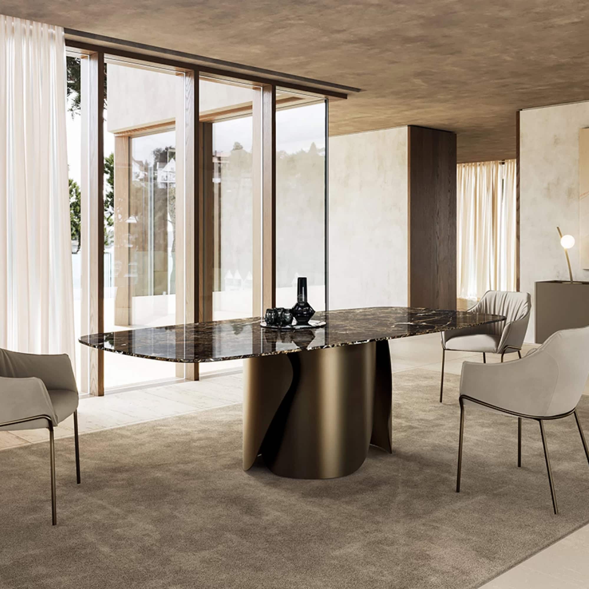 Sleek modern dining room with marble-top table and elegant chairs, showcasing contemporary luxury furniture design.